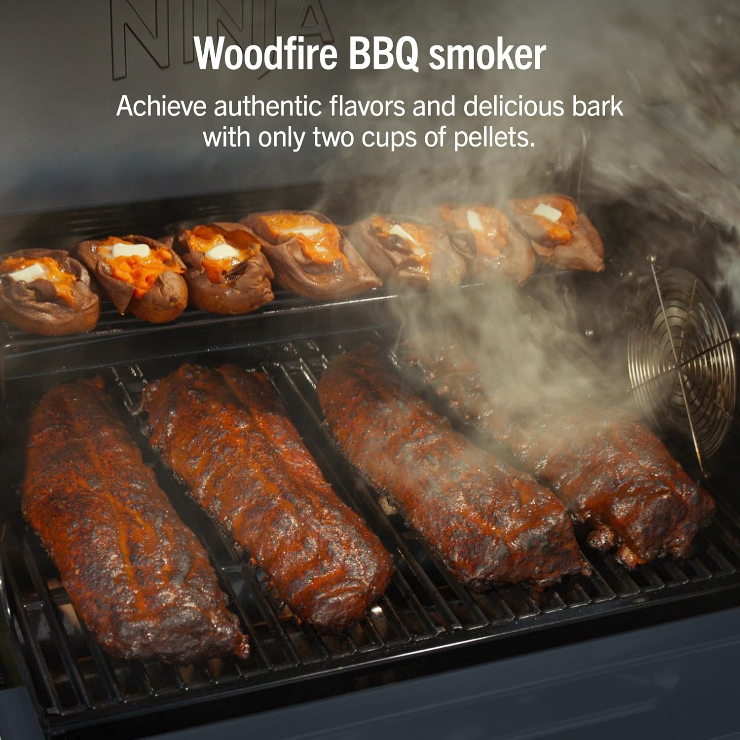 image:imageNinja FlexFlame Grill amp Smoker Electric amp Propane 5in1 SteelPG301 Ninja FlexFlame is a 5in1 grill smoker amp griddle with precise 200600F control fitting 3 chickens or 4 rib racksBlue