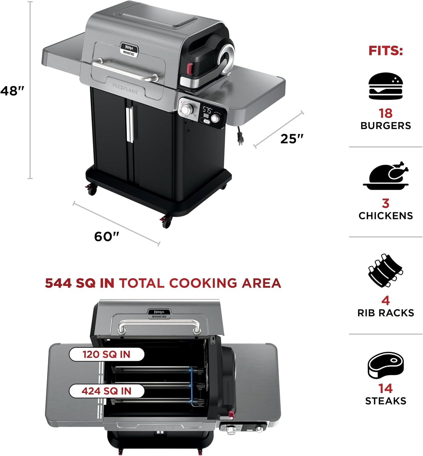 image:imageNinja FlexFlame Grill amp Smoker Electric amp Propane 5in1 SteelPG301 Ninja FlexFlame is a 5in1 grill smoker amp griddle with precise 200600F control fitting 3 chickens or 4 rib racksStainless Steel