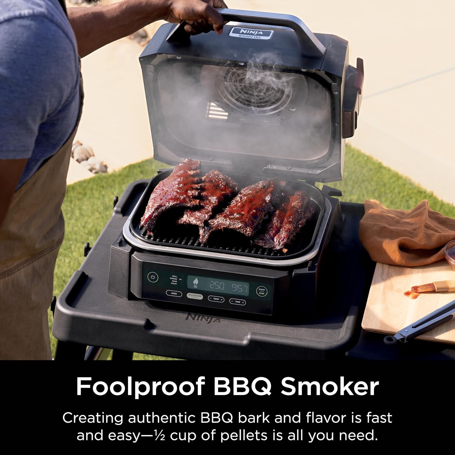 image:imageNinja Woodfire Outdoor Grill amp Smoker 6in1 Air Fry Bake Broil OG321 Ninja Woodfire 6in1 Grill amp Smoker uses wood pellets amp electric power to grill steaks smoke brisket or air fry wings4in1 Grill Smoker