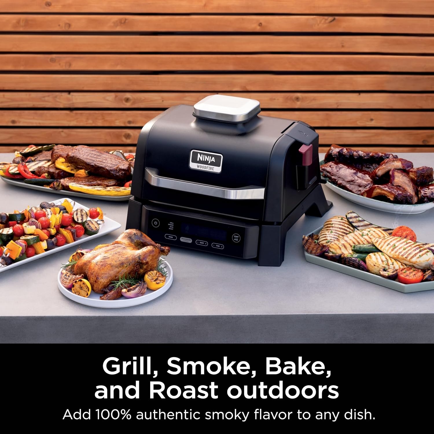 image:imageNinja Woodfire Outdoor Grill amp Smoker 6in1 Air Fry Bake Broil OG321 Ninja Woodfire 6in1 Grill amp Smoker uses wood pellets amp electric power to grill steaks smoke brisket or air fry wings4in1 Grill Smoker