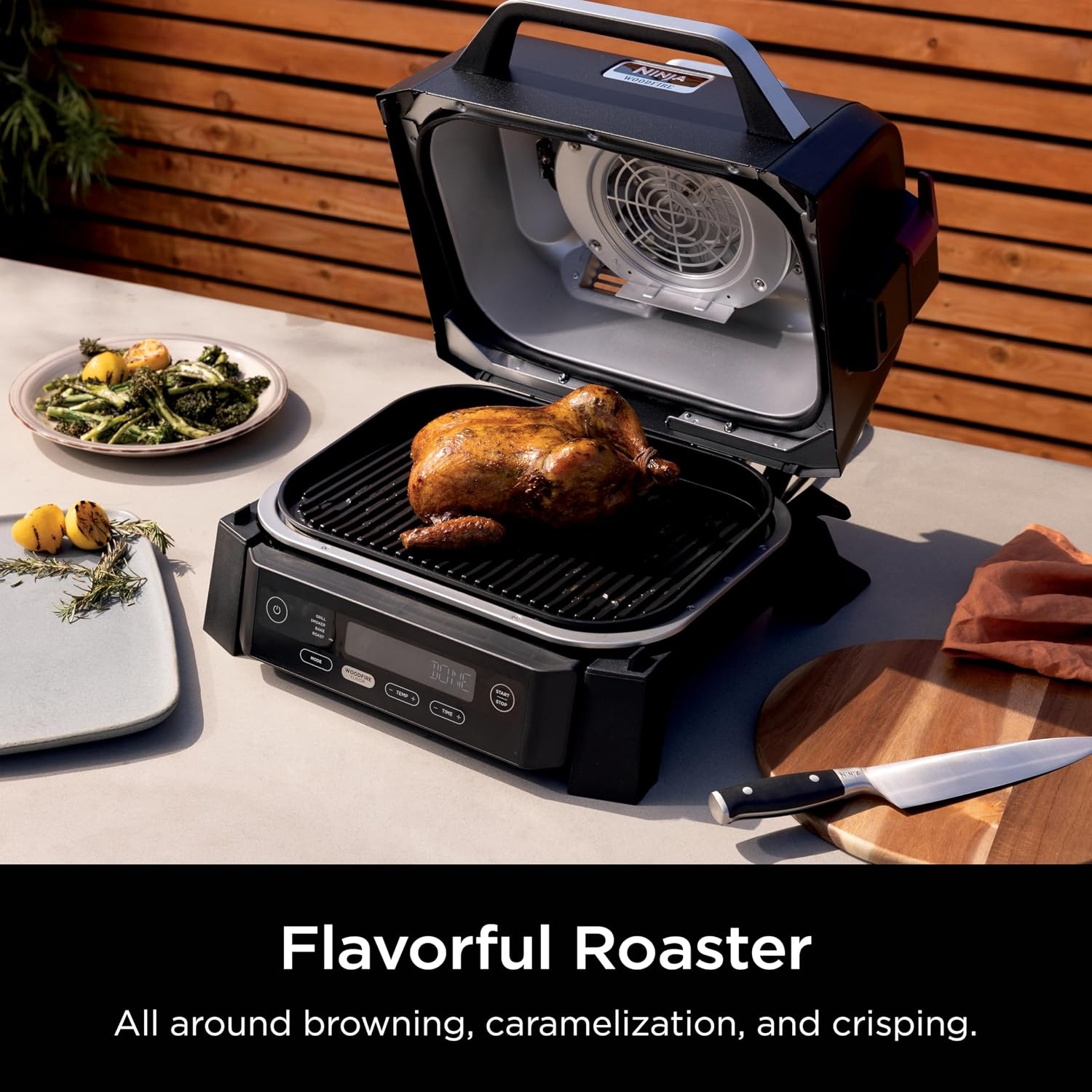 image:imageNinja Woodfire Outdoor Grill amp Smoker 6in1 Air Fry Bake Broil OG321 Ninja Woodfire 6in1 Grill amp Smoker uses wood pellets amp electric power to grill steaks smoke brisket or air fry wings4in1 Grill Smoker