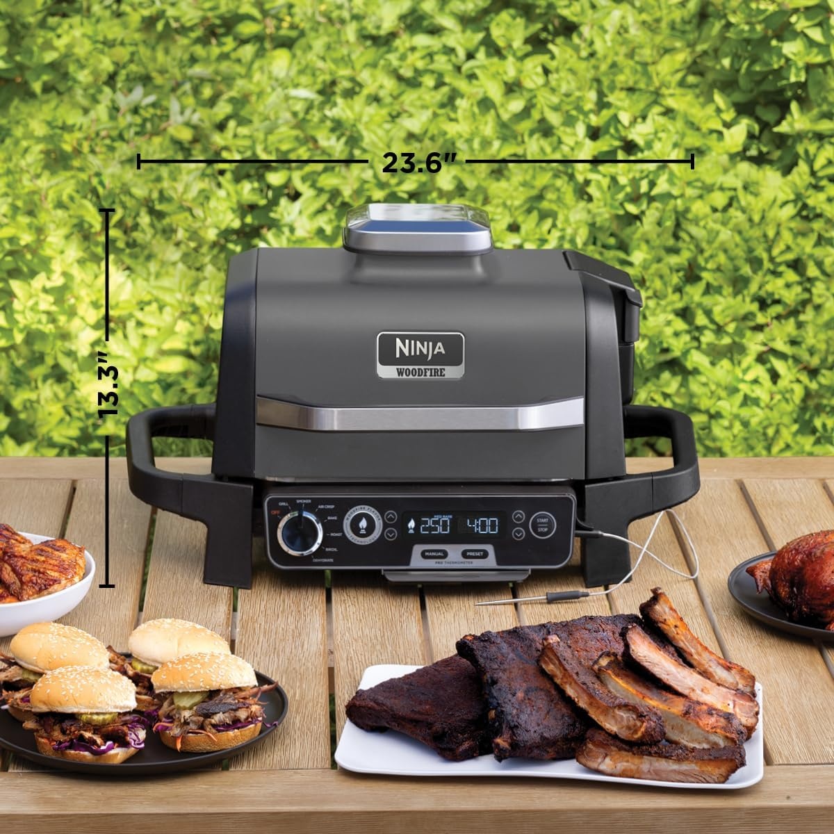image:imageNinja Woodfire Pro Outdoor Grill with Builtin Thermometer OG751 Ninja Woodfire Pro Grill uses wood pellets amp electric power with a builtin thermometer for perfect noguesswork cooking7in1 GrillThermometer
