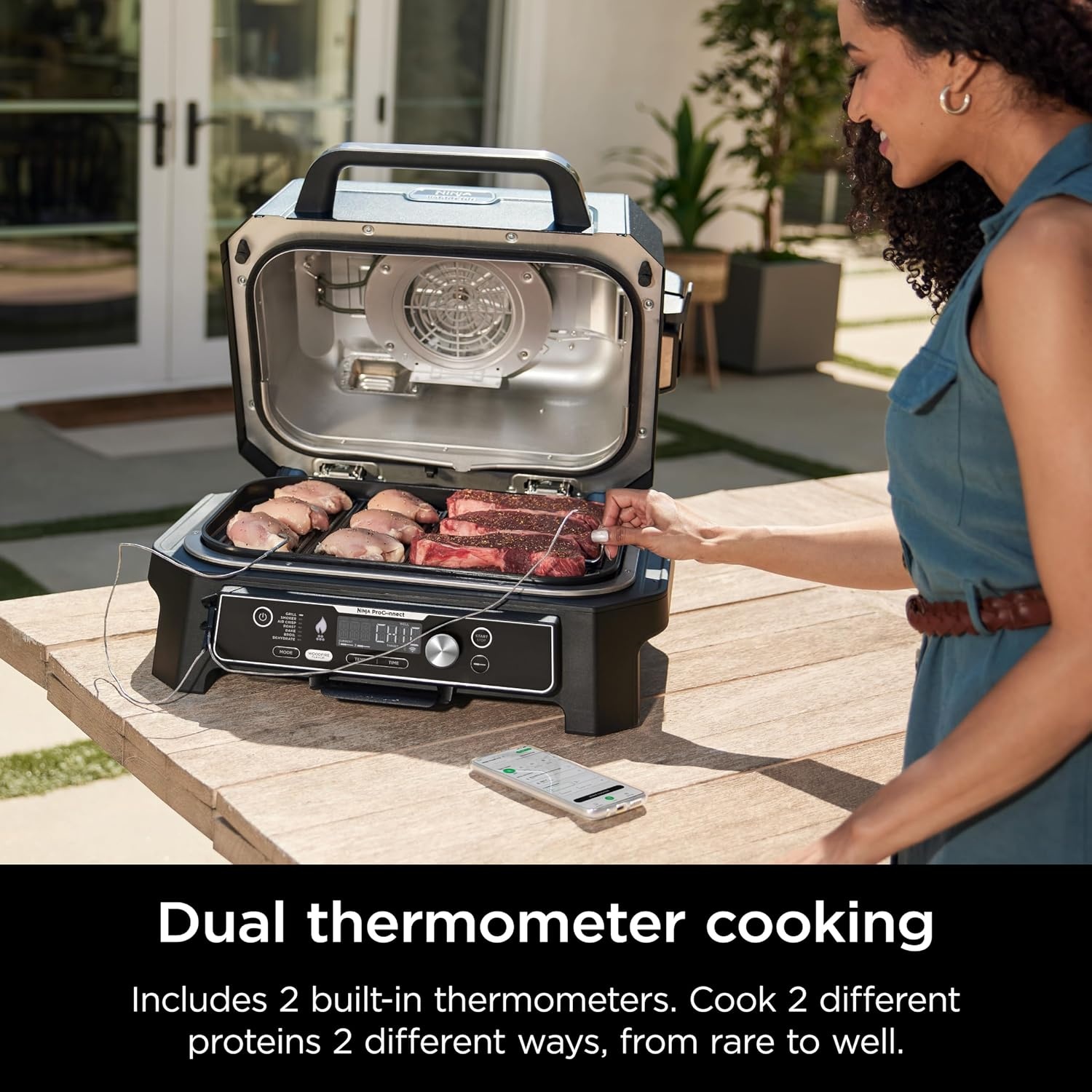 image:imageNinja Woodfire ProConnect Premium XL BBQ Grill 7in1 App Enabled Blue 180 sq in of cooking space with appconnected dual thermometers and real woodfired flavorBlack Blue