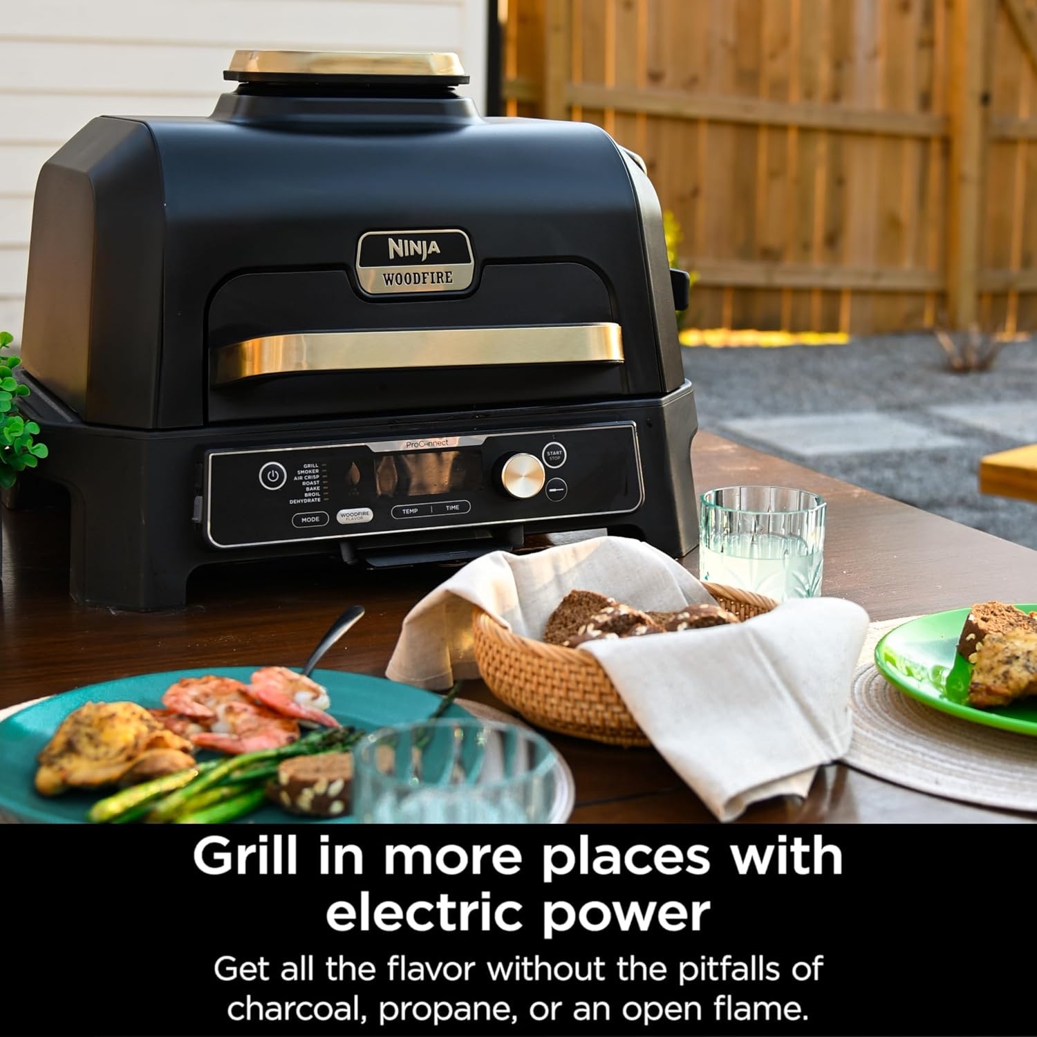 image:imageNinja Woodfire ProConnect Premium XL BBQ Grill 7in1 App Enabled Blue 180 sq in of cooking space with appconnected dual thermometers and real woodfired flavorBlack Gold