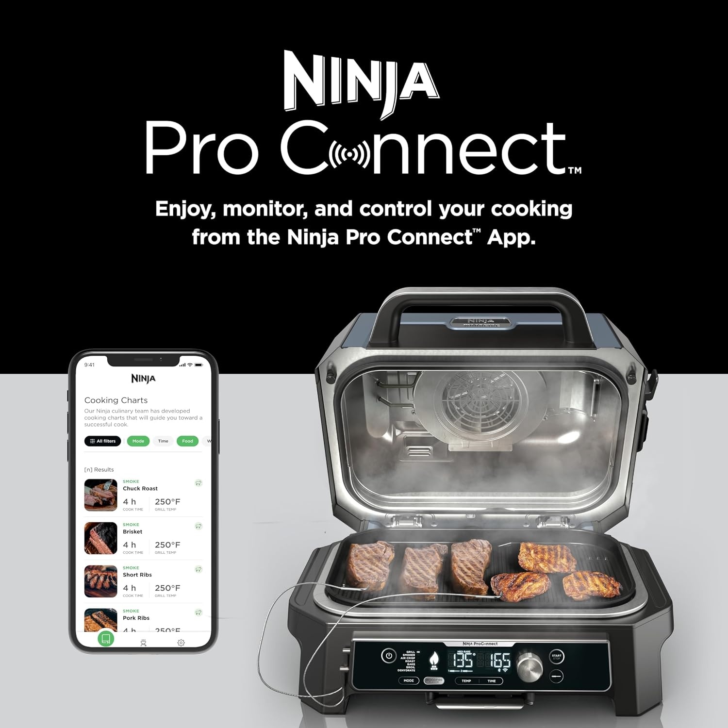 image:imageNinja Woodfire ProConnect Premium XL BBQ Grill 7in1 App Enabled Blue 180 sq in of cooking space with appconnected dual thermometers and real woodfired flavorBlack Blue