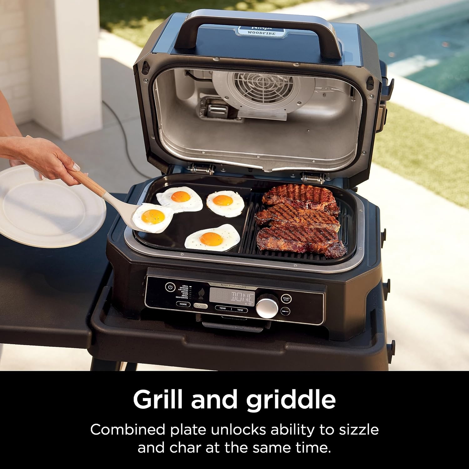 image:imageNinja XL Woodfire Grill amp Griddle Plate for OG800OG900 Ceramic Black Ninja Woodfire XL Grill amp Griddle Plate grills and griddles at once offering a spacious ceramic surface to serve a crowdGrill Griddle Plate
