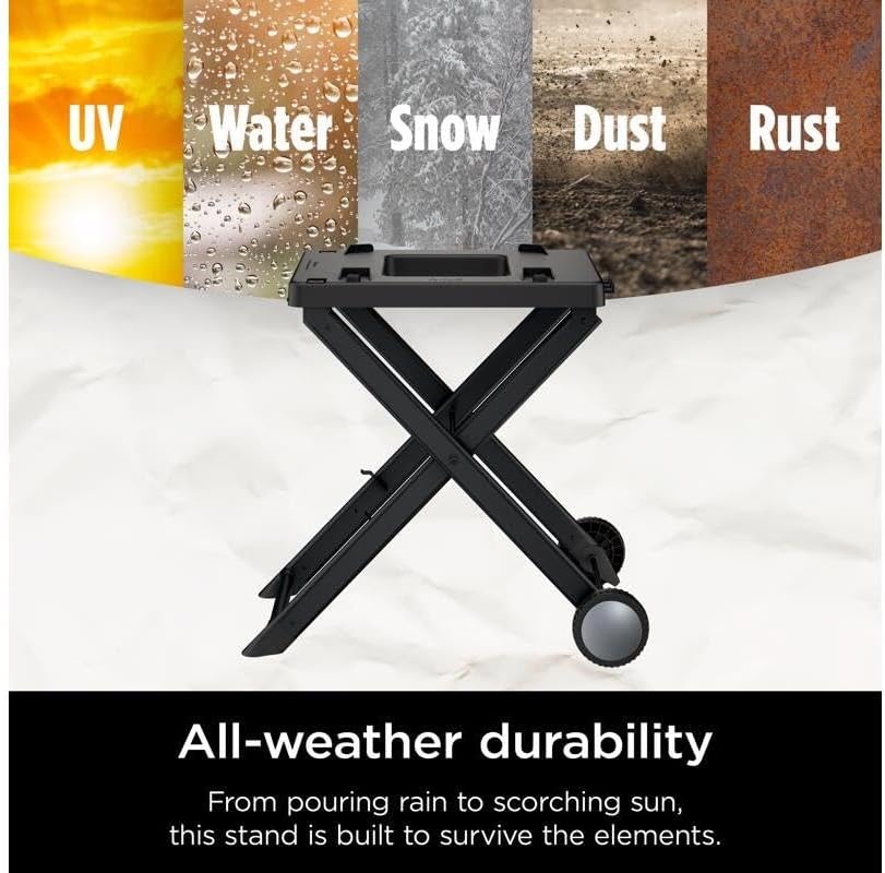 image:imageNinja XSKSTAND Woodfire Collapsible Outdoor Grill Stand Compatible with Ninja Woodfire Grills OG700 Series Foldable Side Utensil Holder WeatherResistant Black Ninja Woodfire Grill Stand collapses for storage locks in securely rolls on wheels with 3 utensil hooksWorks with OG700 series