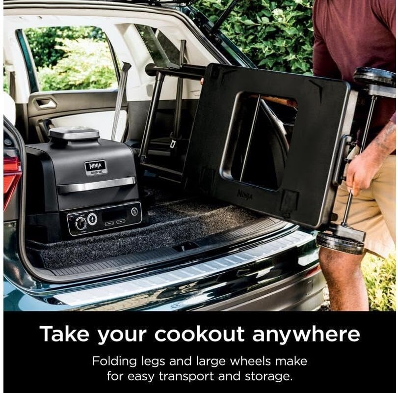 image:imageNinja XSKSTAND Woodfire Collapsible Outdoor Grill Stand Compatible with Ninja Woodfire Grills OG700 Series Foldable Side Utensil Holder WeatherResistant Black Ninja Woodfire Grill Stand collapses for storage locks in securely rolls on wheels with 3 utensil hooksWorks with OG700 series