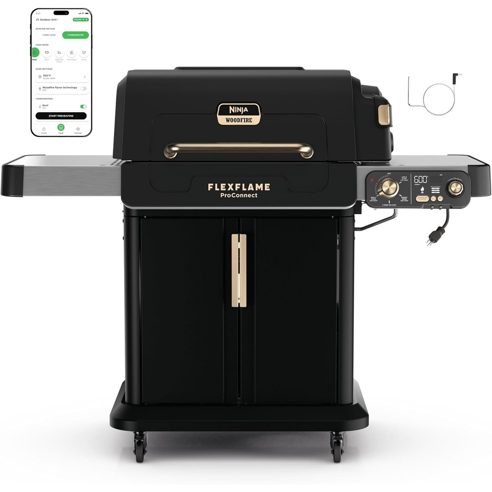image:imageNinja FlexFlame Grill amp Smoker Electric amp Propane 5in1 SteelPG301 Ninja FlexFlame is a 5in1 grill smoker amp griddle with precise 200600F control fitting 3 chickens or 4 rib racksBlackGold