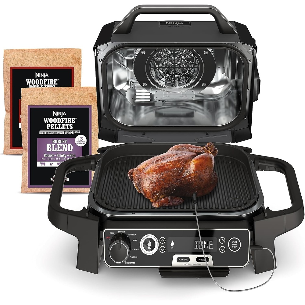 image:imageNinja Woodfire Pro Outdoor Grill with Builtin Thermometer OG751  Ninja Woodfire Pro Grill uses wood pellets amp electric power with a builtin thermometer for perfect noguesswork cooking7in1 GrillThermometer