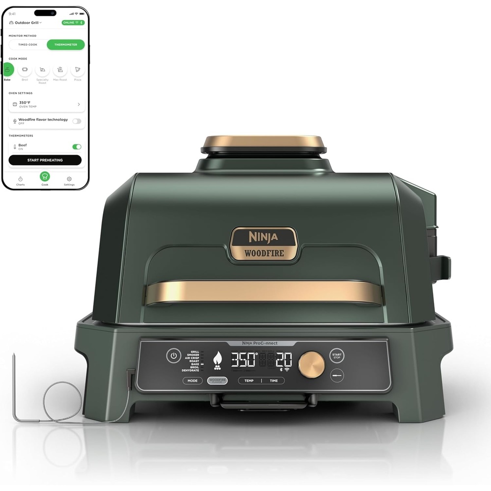 image:imageNinja Woodfire ProConnect Premium XL BBQ Grill 7in1 App Enabled Blue 180 sq in of cooking space with appconnected dual thermometers and real woodfired flavorGreen Gold