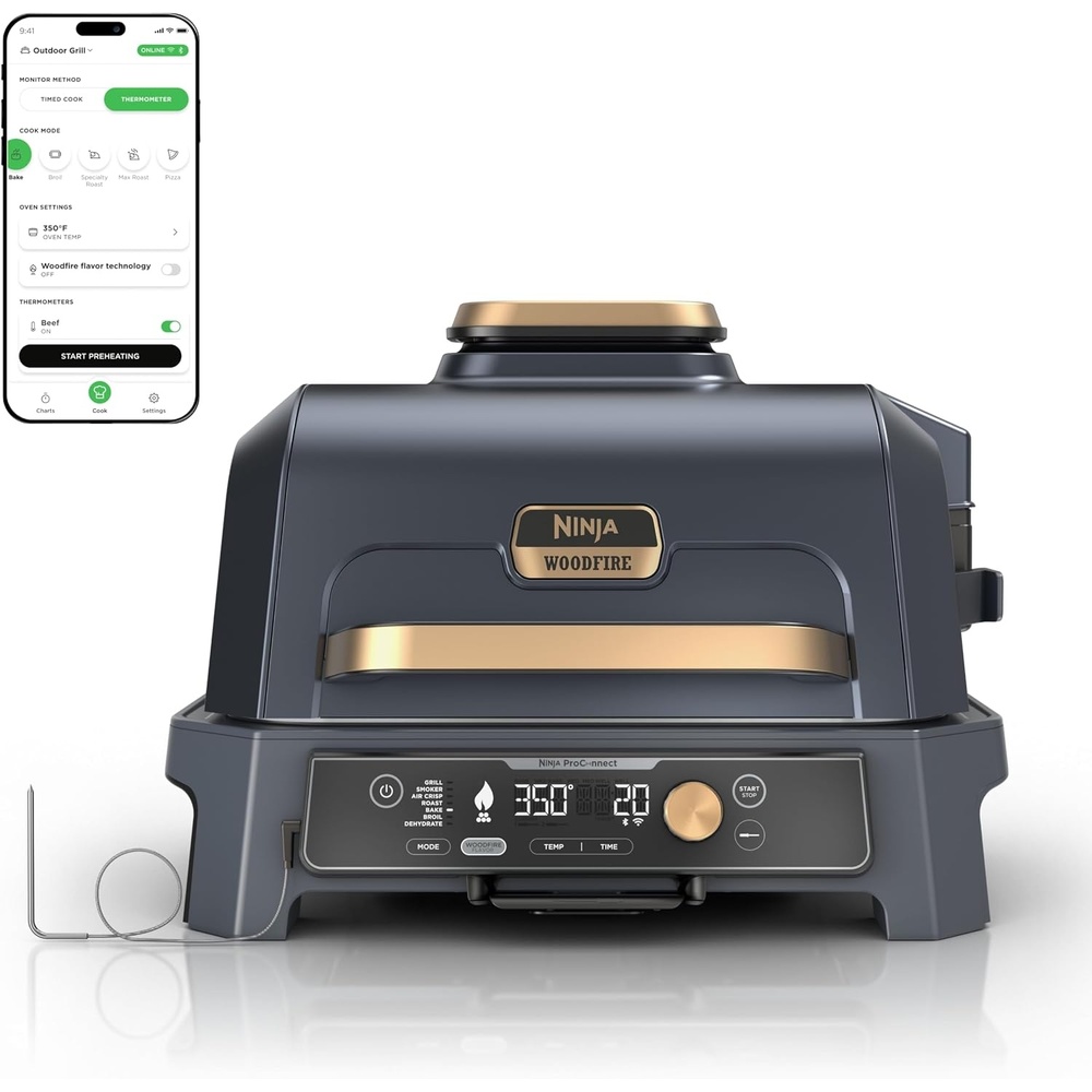 image:imageNinja Woodfire ProConnect Premium XL BBQ Grill 7in1 App Enabled Blue 180 sq in of cooking space with appconnected dual thermometers and real woodfired flavorBlue Gold