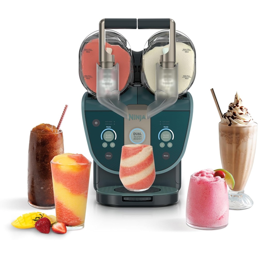image:imageNinja SLUSHi Twist Smart Frozen Drink Maker with Dual SlushAssist FS701GN 2 SLUSHI MACHINES IN 1 Serve separately or twist together Dual SlushAssist Technology 10 Servings two 72 oz vessel