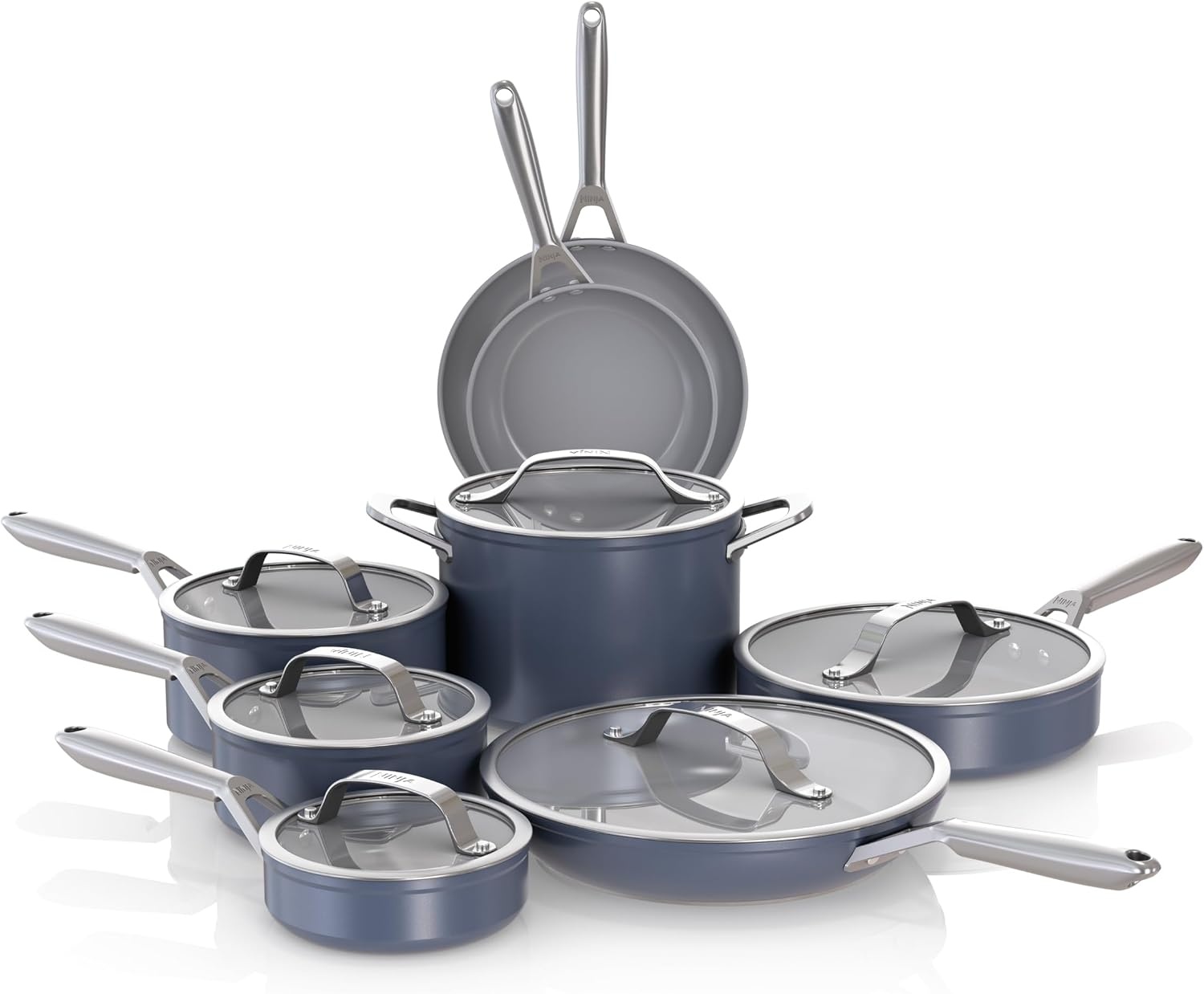 image:imageNinja Ceramic Cookware Set 11Piece Kitchen Set Navy Blue CW49011 Extended Life with Comfort Grip Nonstick Fry Pans Pots PTFE Free Oven amp Dishwasher Safe Stovetop CompatibleMidnight Blue