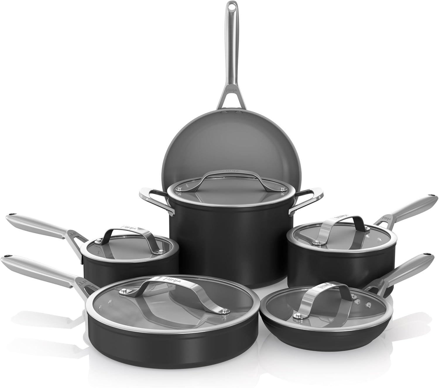 image:imageNinja Ceramic Cookware Set 11Piece Kitchen Set Navy Blue CW49011 Extended Life with Comfort Grip Nonstick Fry Pans Pots PTFE Free Oven amp Dishwasher Safe Stovetop CompatibleBlack
