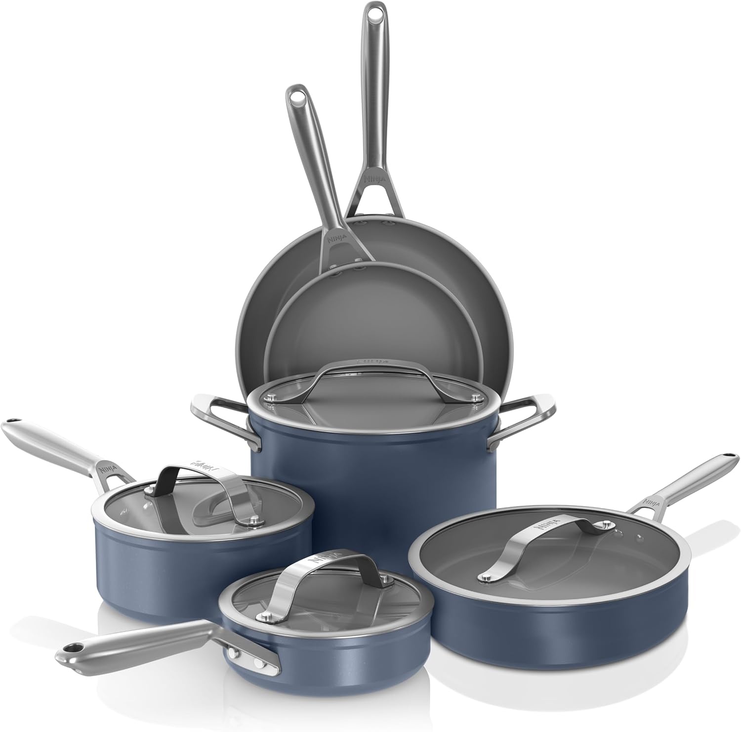 image:imageNinja Ceramic Cookware Set 11Piece Kitchen Set Navy Blue CW49011 Extended Life with Comfort Grip Nonstick Fry Pans Pots PTFE Free Oven amp Dishwasher Safe Stovetop CompatibleMidnight Blue