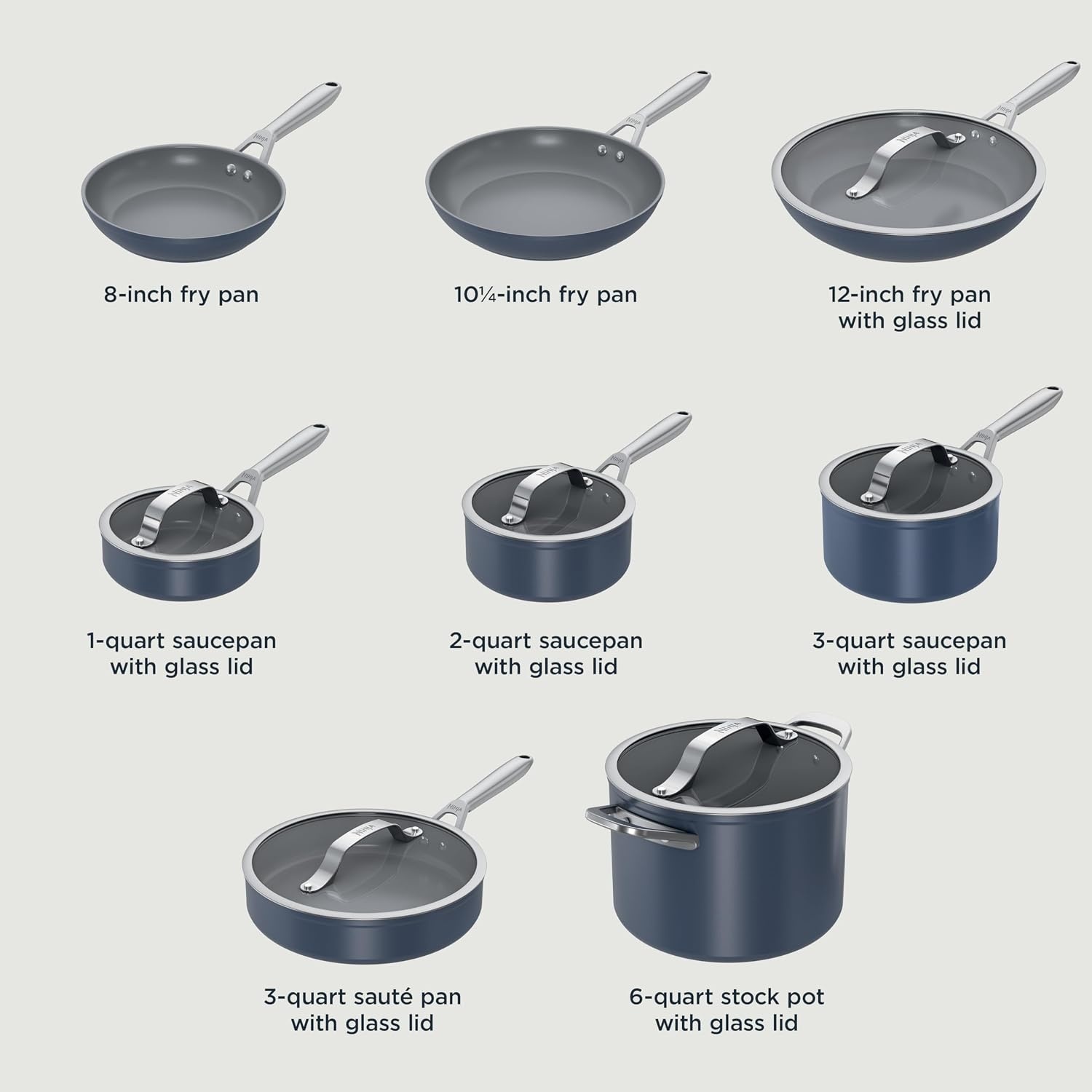 image:imageNinja Ceramic Cookware Set 11Piece Kitchen Set Navy Blue CW49011 Extended Life with Comfort Grip Nonstick Fry Pans Pots PTFE Free Oven amp Dishwasher Safe Stovetop CompatibleMidnight Blue
