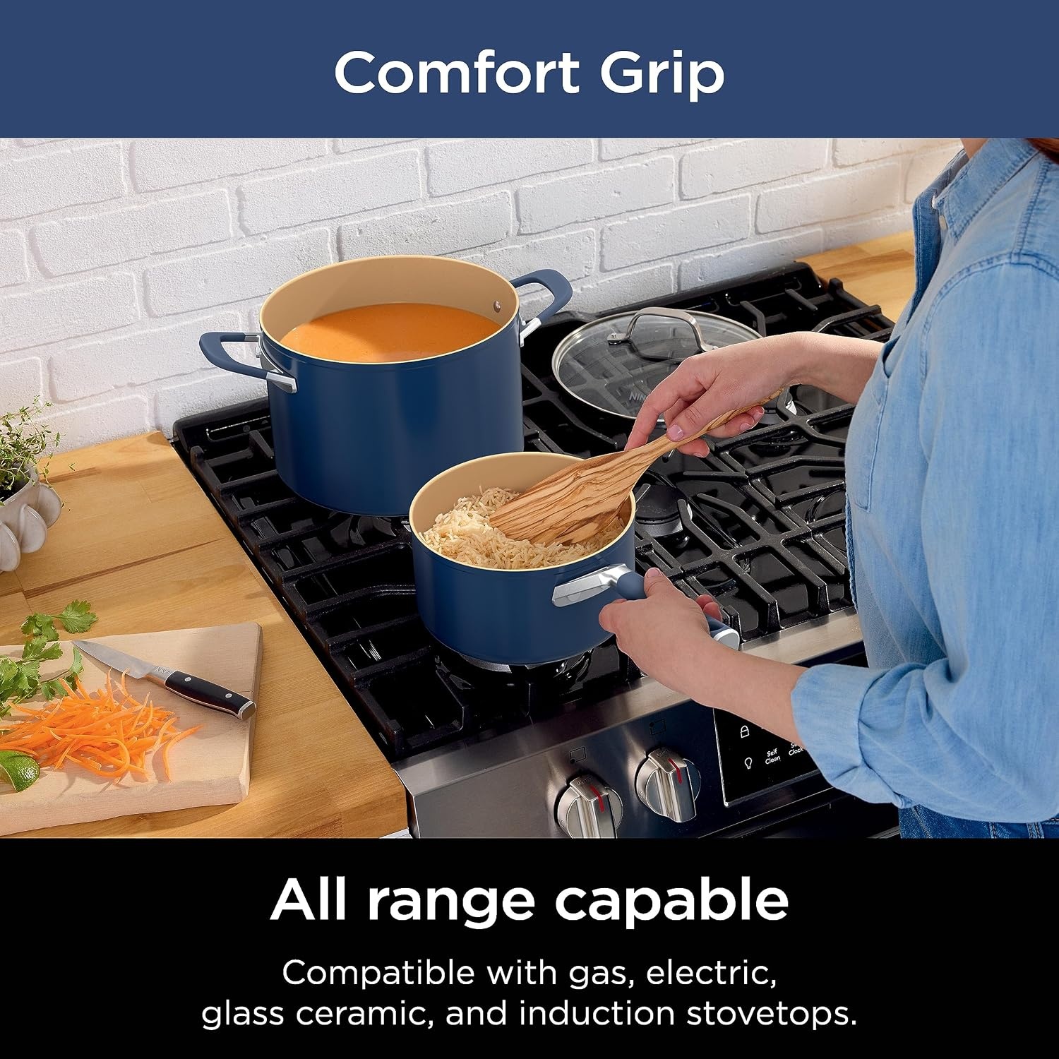 image:imageNinja Ceramic Cookware Set 11Piece Kitchen Set Navy Blue CW49011 Extended Life with Comfort Grip Nonstick Fry Pans Pots PTFE Free Oven amp Dishwasher Safe Stovetop CompatibleNavy Blue
