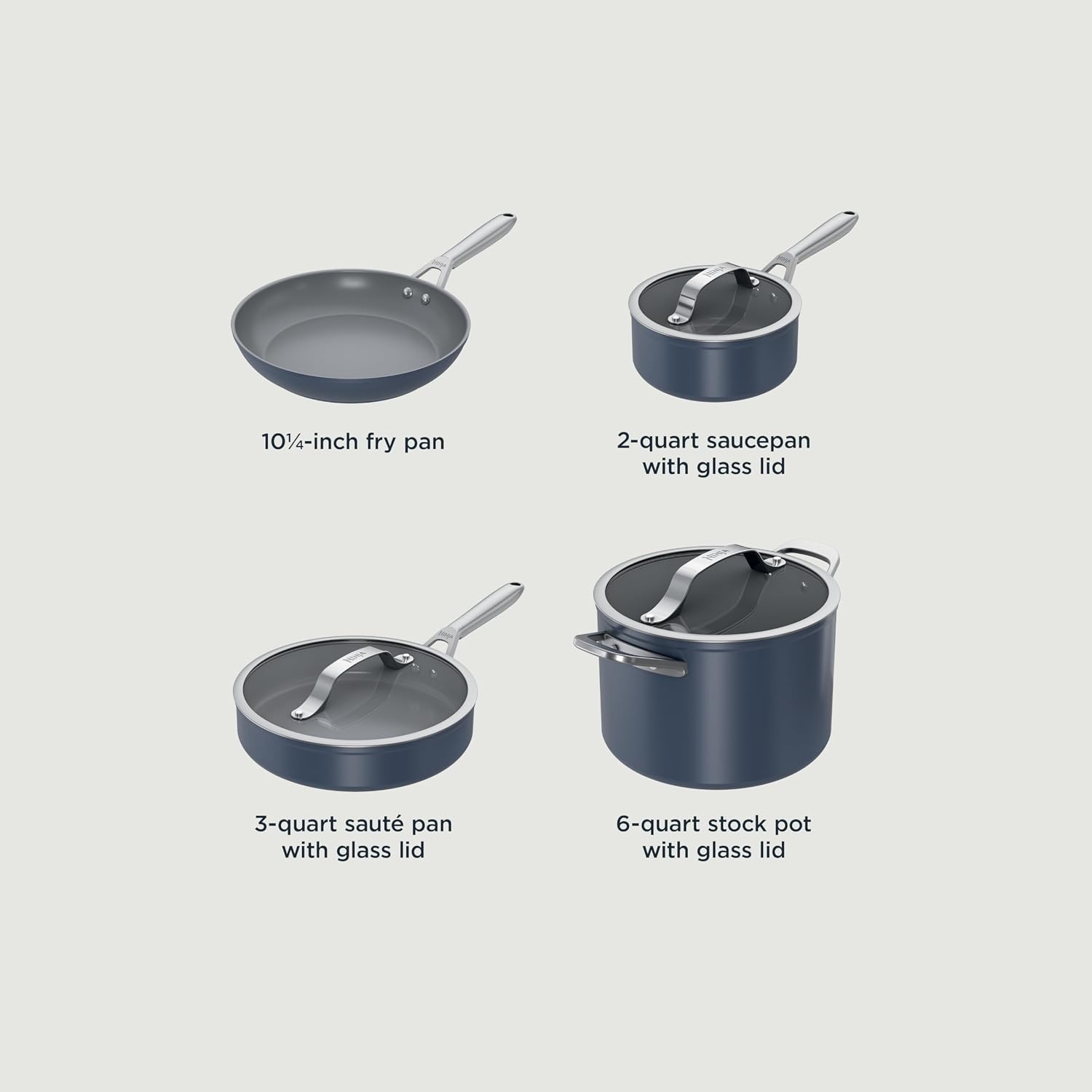 image:imageNinja Ceramic Cookware Set 11Piece Kitchen Set Navy Blue CW49011 Extended Life with Comfort Grip Nonstick Fry Pans Pots PTFE Free Oven amp Dishwasher Safe Stovetop CompatibleMidnight Blue