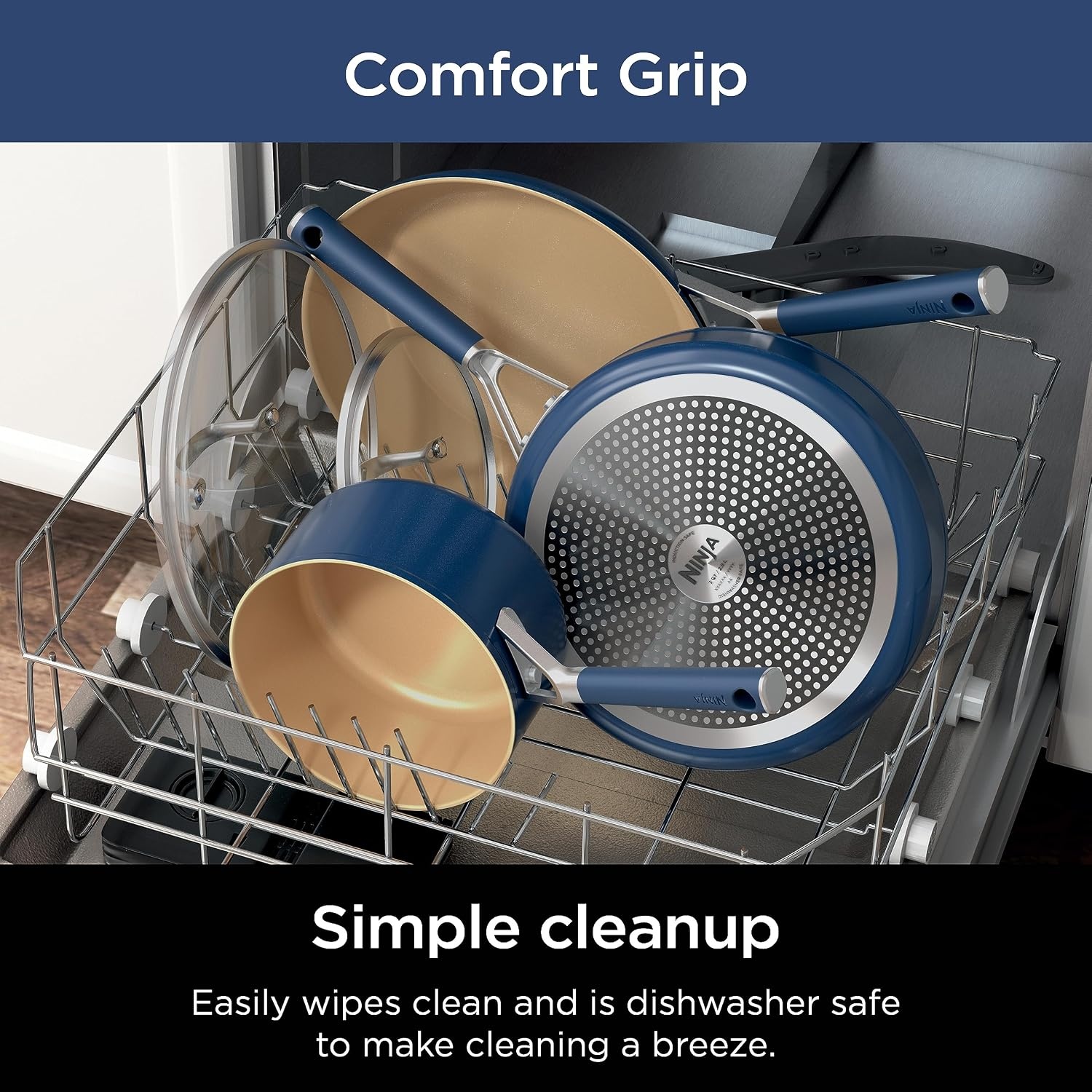 image:imageNinja Ceramic Cookware Set 11Piece Kitchen Set Navy Blue CW49011 Extended Life with Comfort Grip Nonstick Fry Pans Pots PTFE Free Oven amp Dishwasher Safe Stovetop CompatibleNavy Blue