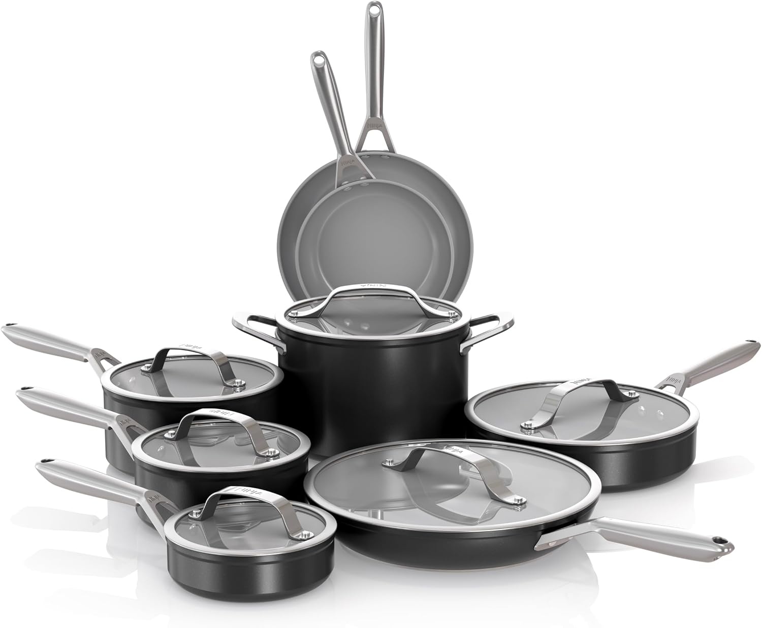 image:imageNinja Ceramic Cookware Set 11Piece Kitchen Set Navy Blue CW49011 Extended Life with Comfort Grip Nonstick Fry Pans Pots PTFE Free Oven amp Dishwasher Safe Stovetop CompatibleBlack