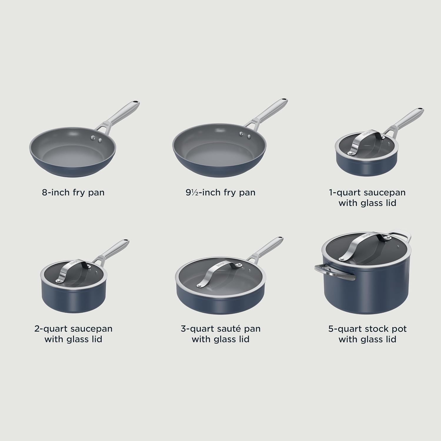 image:imageNinja Ceramic Cookware Set 11Piece Kitchen Set Navy Blue CW49011 Extended Life with Comfort Grip Nonstick Fry Pans Pots PTFE Free Oven amp Dishwasher Safe Stovetop CompatibleMidnight Blue