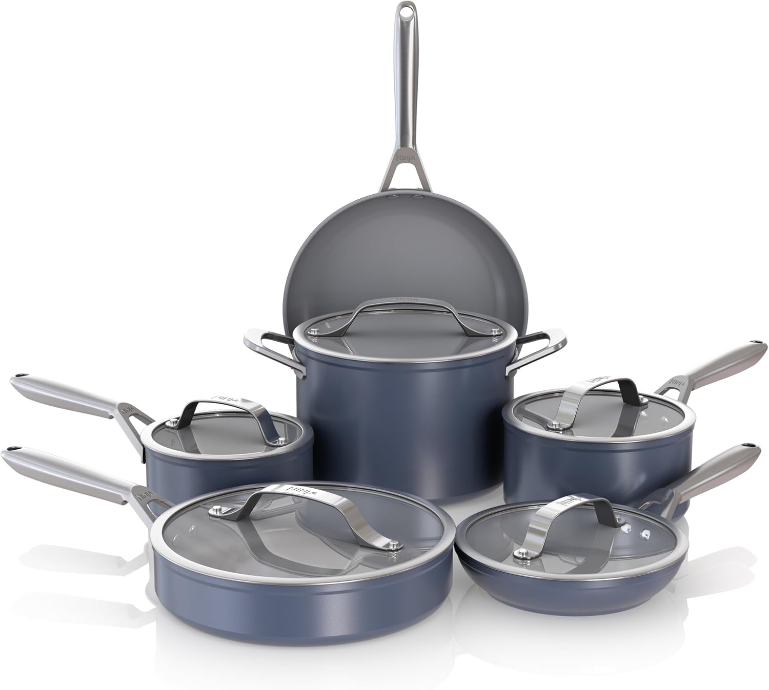 image:imageNinja Ceramic Cookware Set 11Piece Kitchen Set Navy Blue CW49011 Extended Life with Comfort Grip Nonstick Fry Pans Pots PTFE Free Oven amp Dishwasher Safe Stovetop CompatibleMidnight Blue