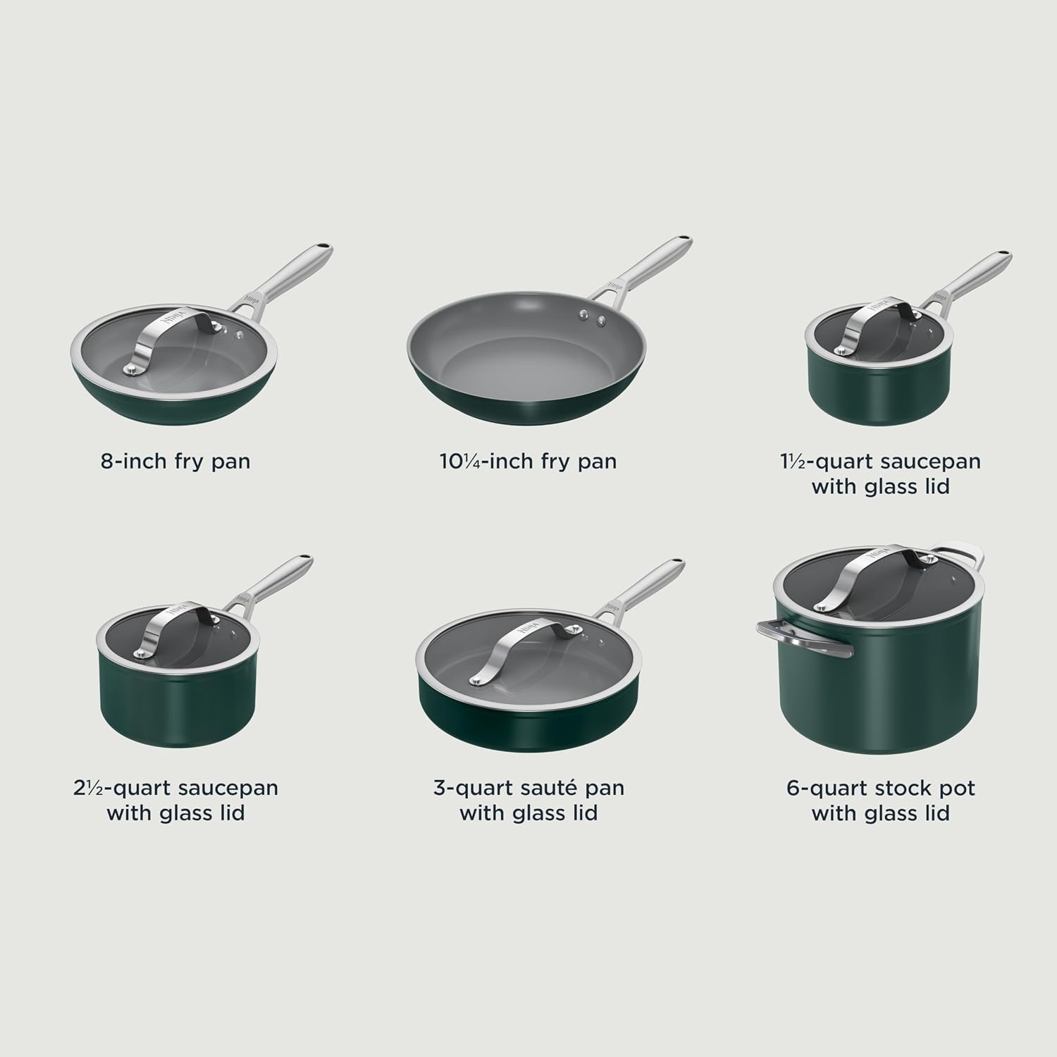 image:imageNinja Ceramic Cookware Set 11Piece Kitchen Set Navy Blue CW49011 Extended Life with Comfort Grip Nonstick Fry Pans Pots PTFE Free Oven amp Dishwasher Safe Stovetop CompatibleGreen