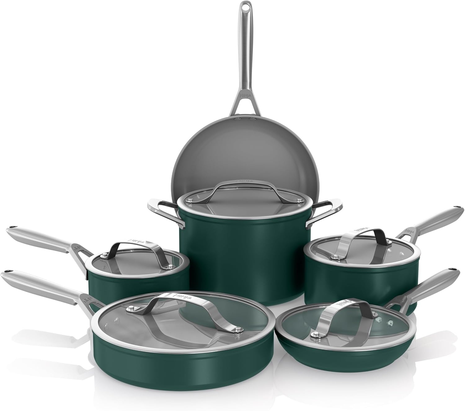 image:imageNinja Ceramic Cookware Set 11Piece Kitchen Set Navy Blue CW49011 Extended Life with Comfort Grip Nonstick Fry Pans Pots PTFE Free Oven amp Dishwasher Safe Stovetop CompatibleGreen