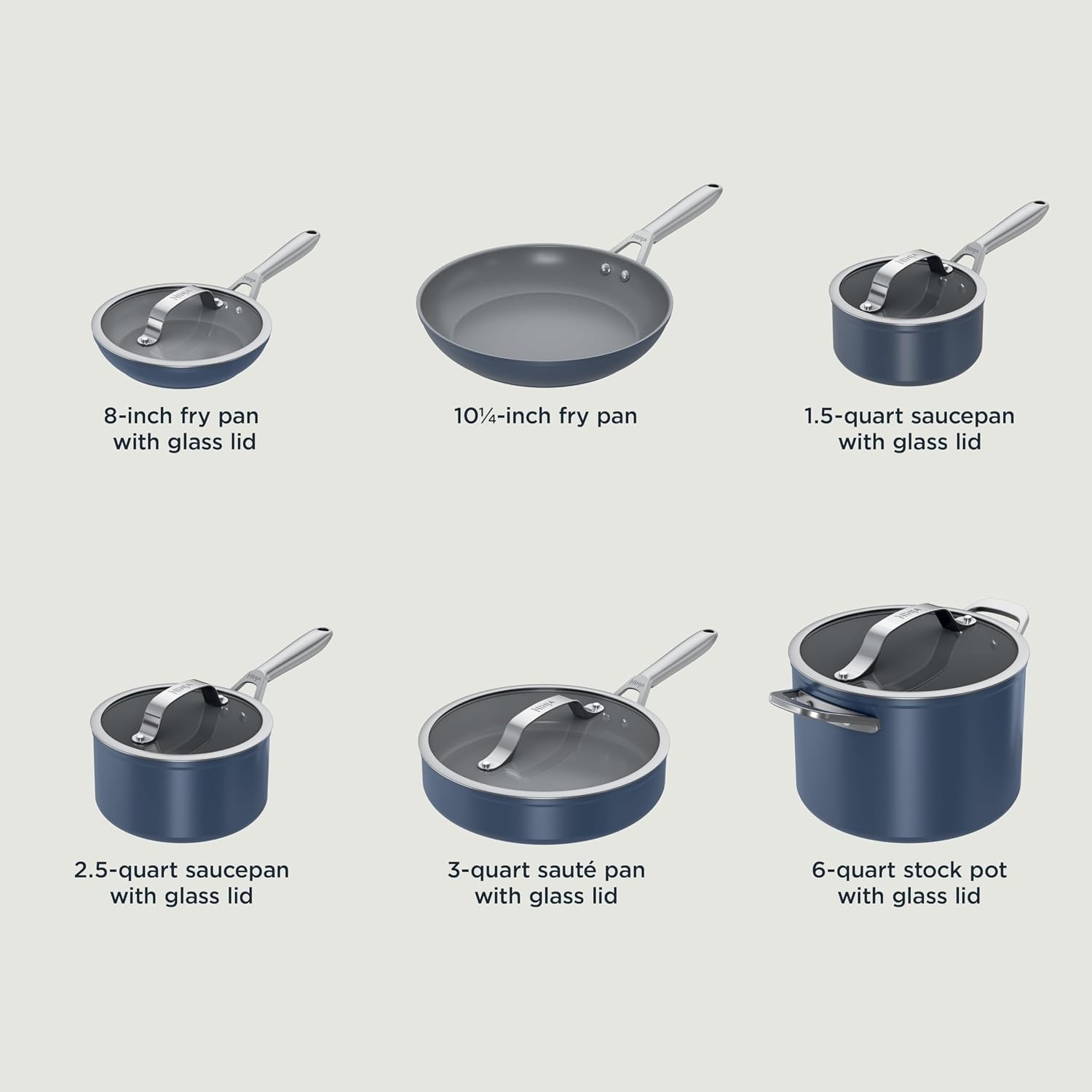 image:imageNinja Ceramic Cookware Set 11Piece Kitchen Set Navy Blue CW49011 Extended Life with Comfort Grip Nonstick Fry Pans Pots PTFE Free Oven amp Dishwasher Safe Stovetop CompatibleMidnight Blue