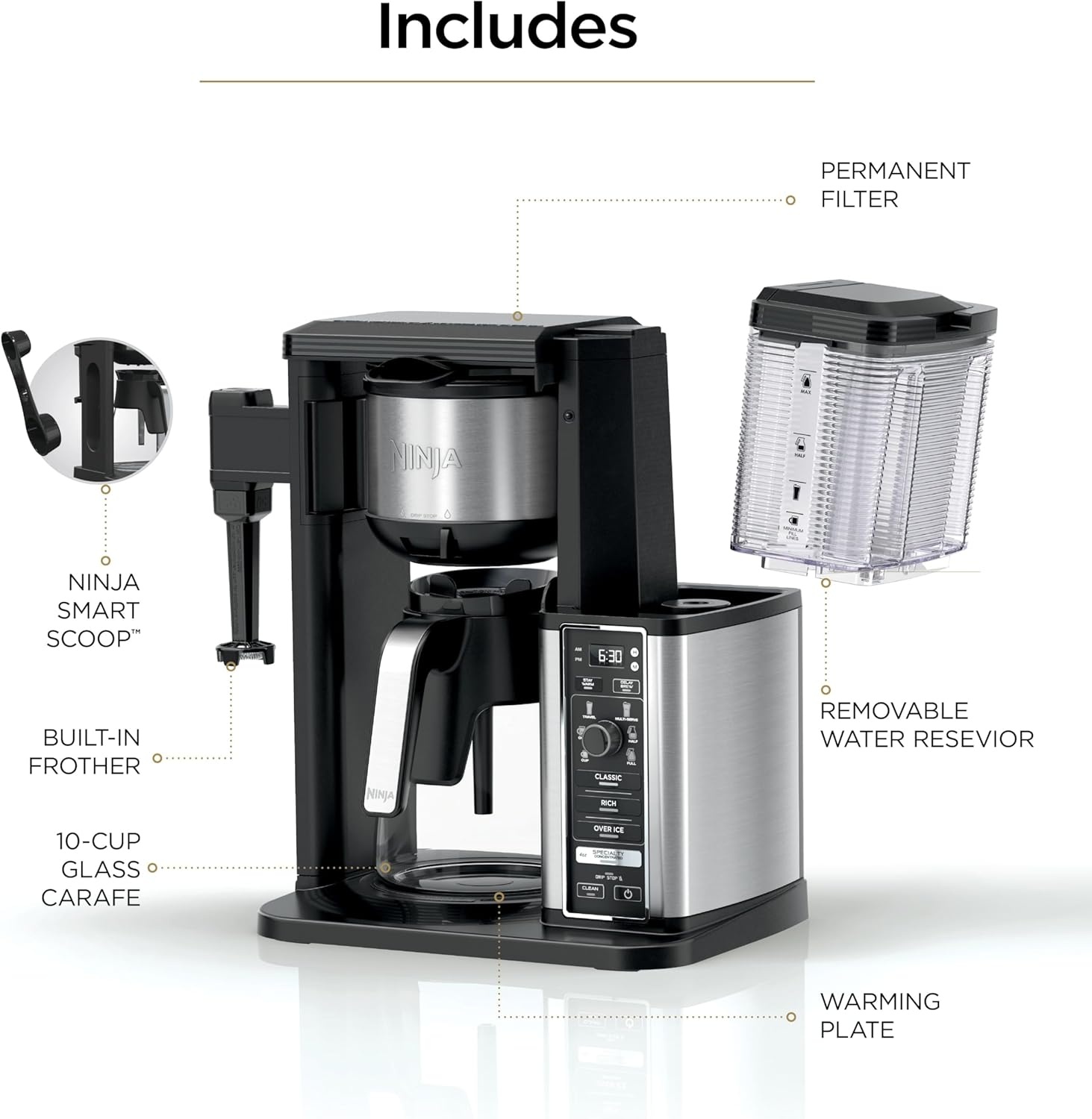 image:imageNinja Coffee Maker 10Cup Carafe FoldAway Frother Black CM401 Permanent Filter amp Removable Dishwasher Safe Reservoir 6 Brew Styles 8 Cup to Travel Mug to Pot Sizes10 Cup
