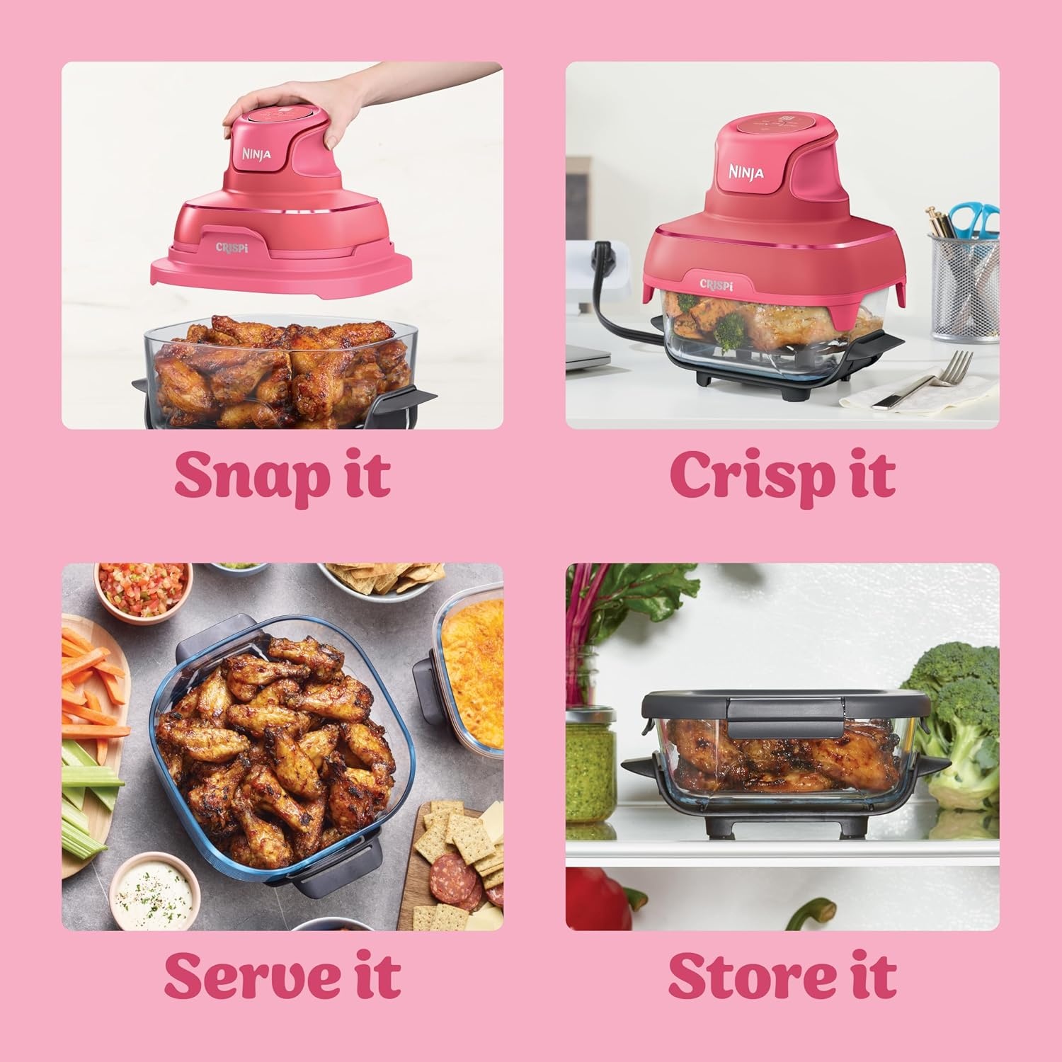 image:imageNinja Crispi Glass Air Fryer 4in1 Cherry Crush FN101DR Max crisp bake air fry recrisp 450F max 4 Qt and 6 Cup containers PFASfree glass