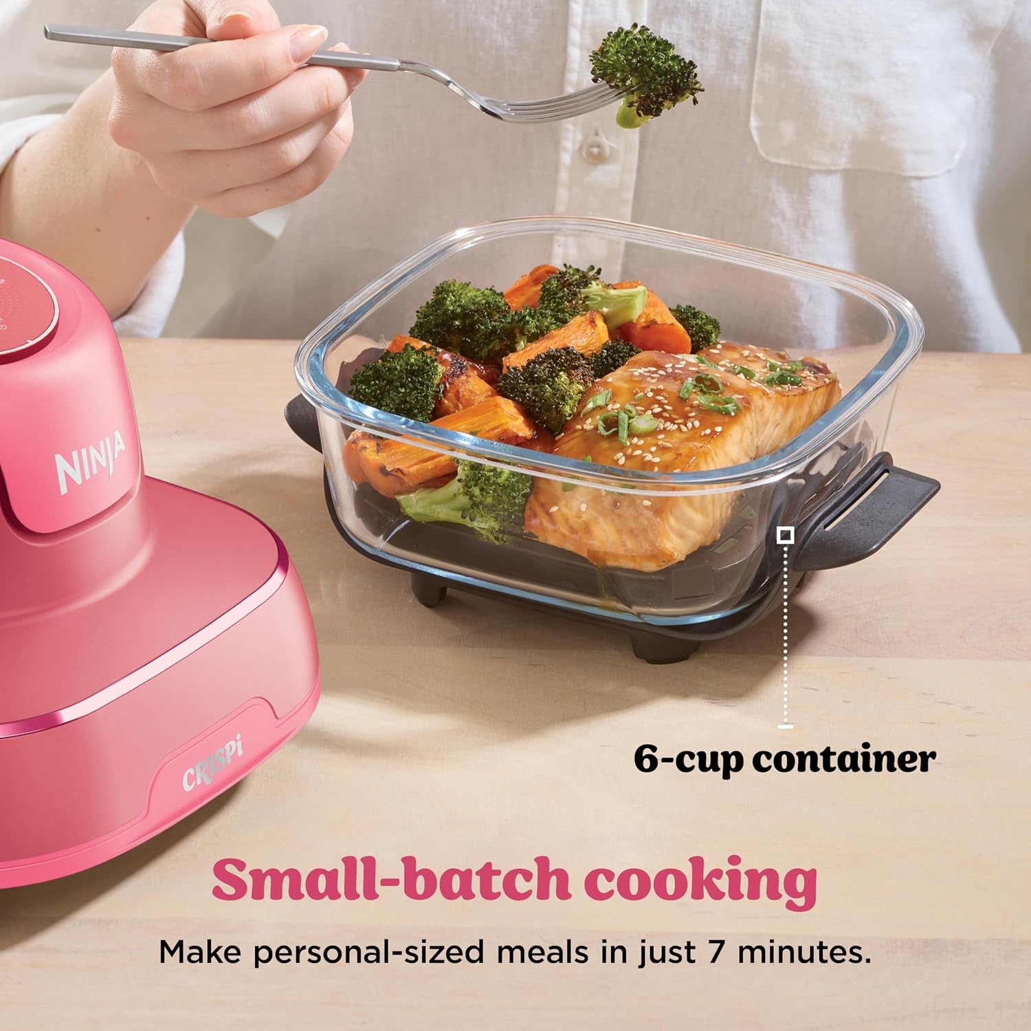 image:imageNinja Crispi Glass Air Fryer 4in1 Cherry Crush FN101DR Max crisp bake air fry recrisp 450F max 4 Qt and 6 Cup containers PFASfree glass