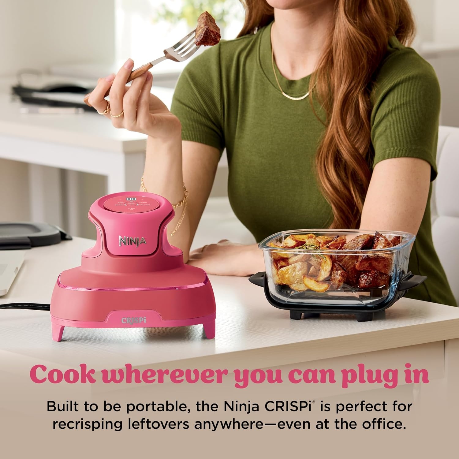 image:imageNinja Crispi Glass Air Fryer 4in1 Cherry Crush FN101DR Max crisp bake air fry recrisp 450F max 4 Qt and 6 Cup containers PFASfree glass