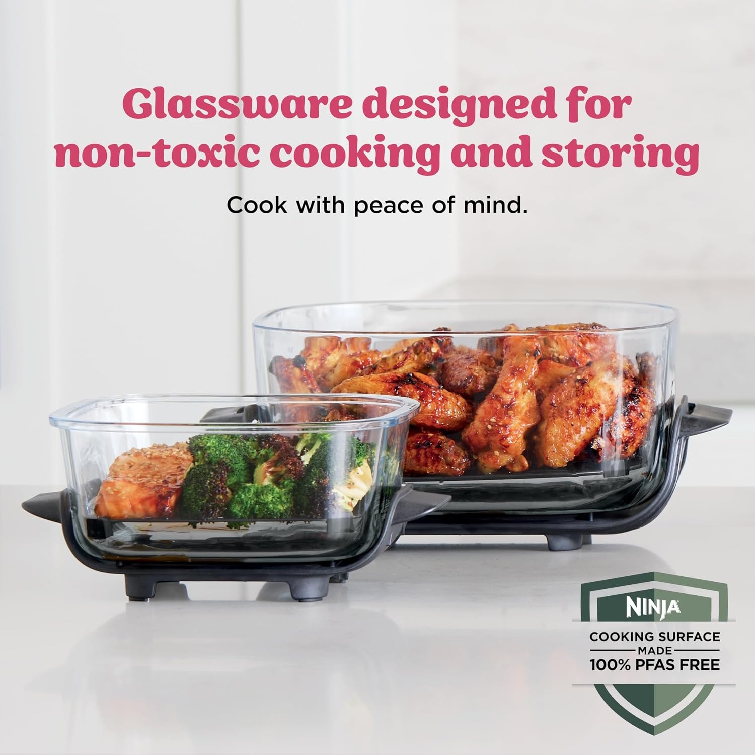 image:imageNinja Crispi Glass Air Fryer 4in1 Cherry Crush FN101DR Max crisp bake air fry recrisp 450F max 4 Qt and 6 Cup containers PFASfree glass