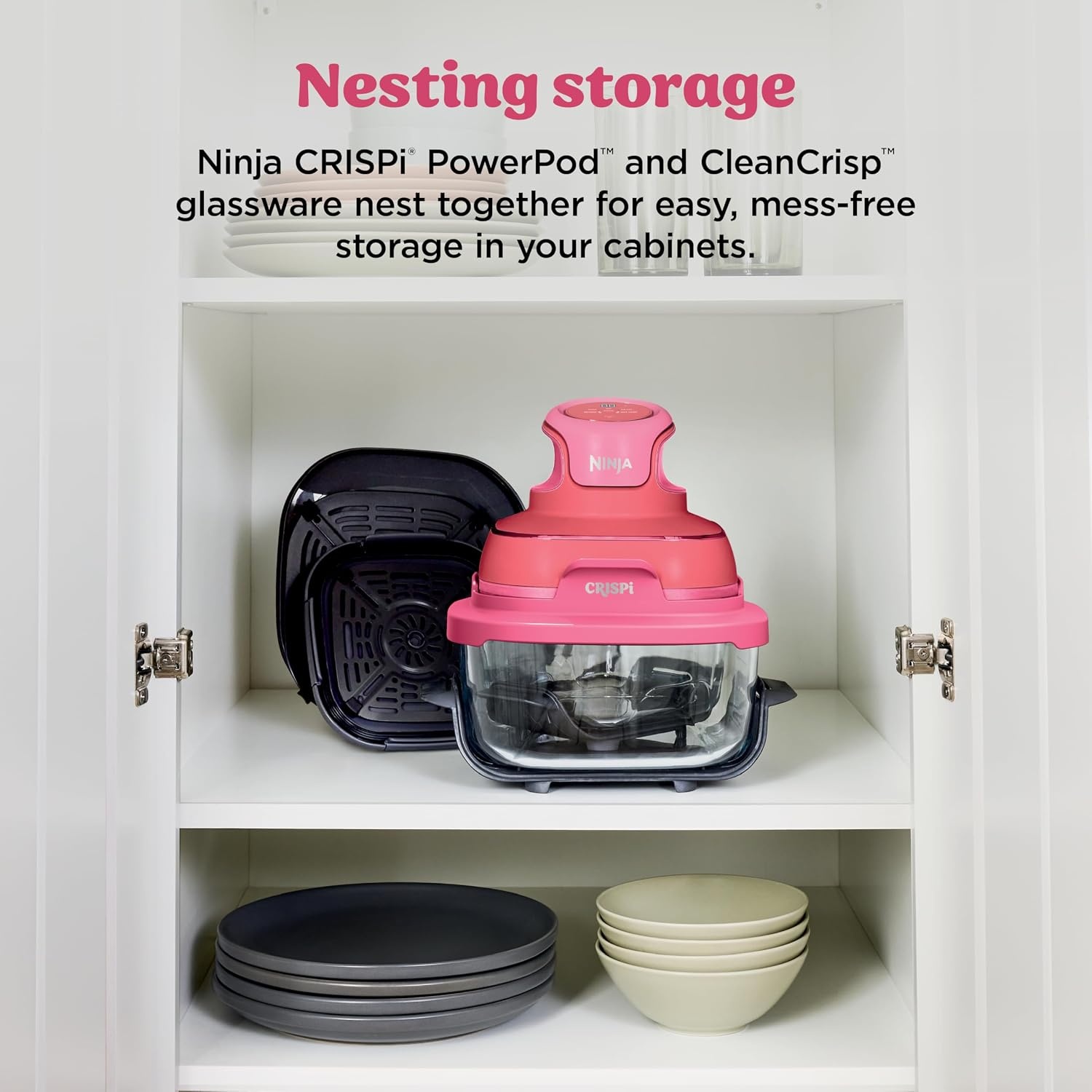 image:imageNinja Crispi Glass Air Fryer 4in1 Cherry Crush FN101DR Max crisp bake air fry recrisp 450F max 4 Qt and 6 Cup containers PFASfree glass