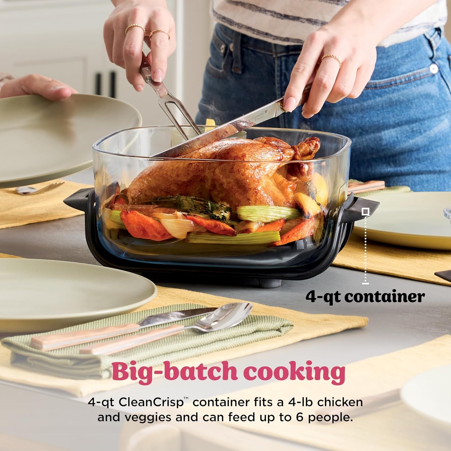 image:imageNinja Crispi Glass Air Fryer 4in1 Cherry Crush FN101DR Max crisp bake air fry recrisp 450F max 4 Qt and 6 Cup containers PFASfree glass