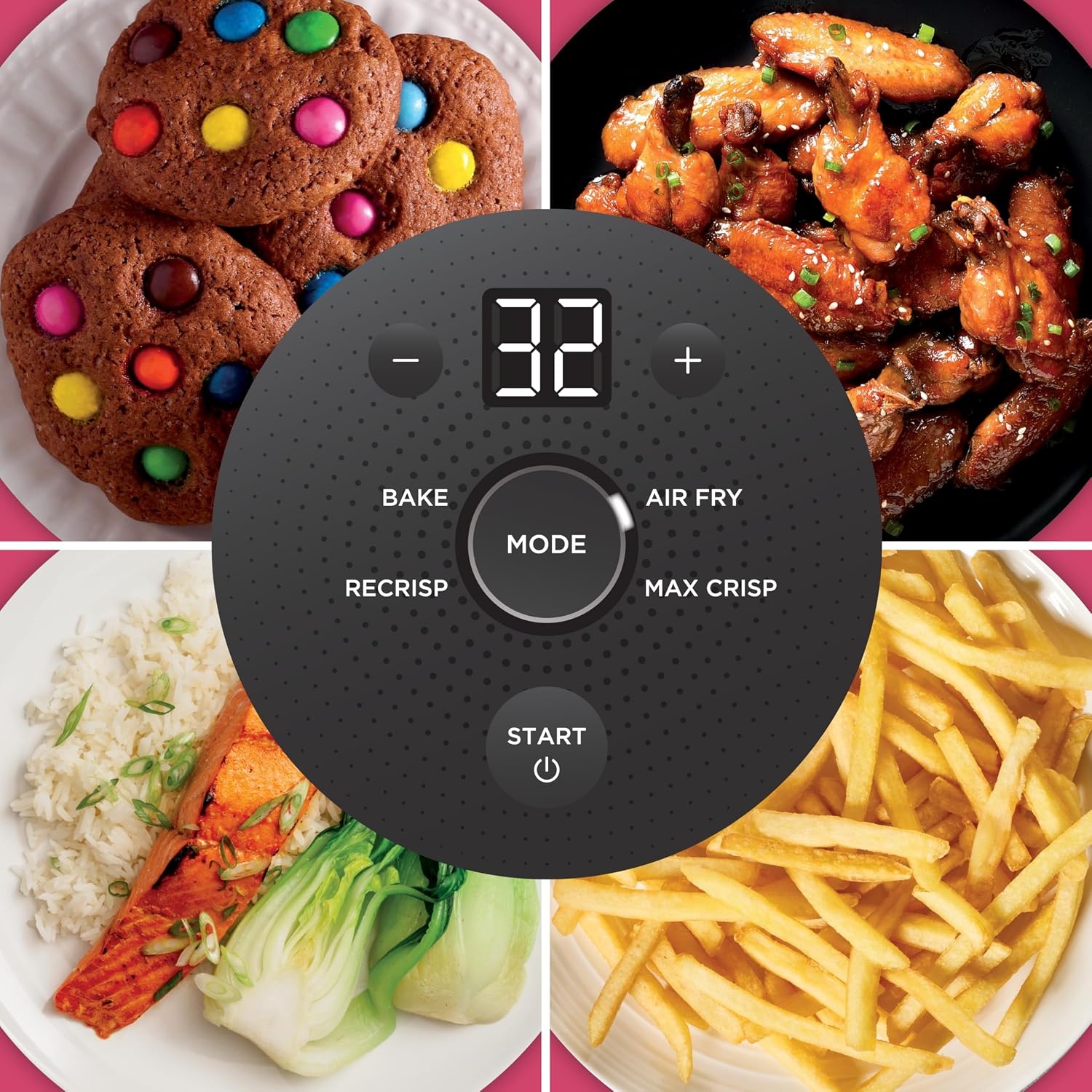 image:imageNinja Crispi Glass Air Fryer 4in1 Cherry Crush FN101DR Max crisp bake air fry recrisp 450F max 4 Qt and 6 Cup containers PFASfree glass