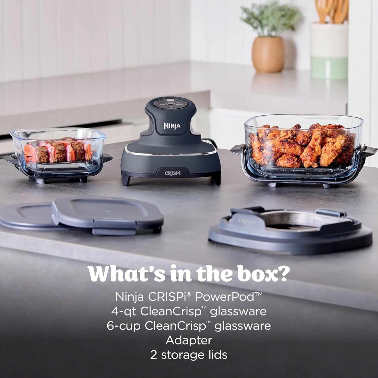 image:imageNinja Crispi Glass Air Fryer 4in1 Green FN101SG Max crisp bake air fry recrisp 450F max 4 Qt and 6 Cup containers PFASfree glassCyberspace Gray