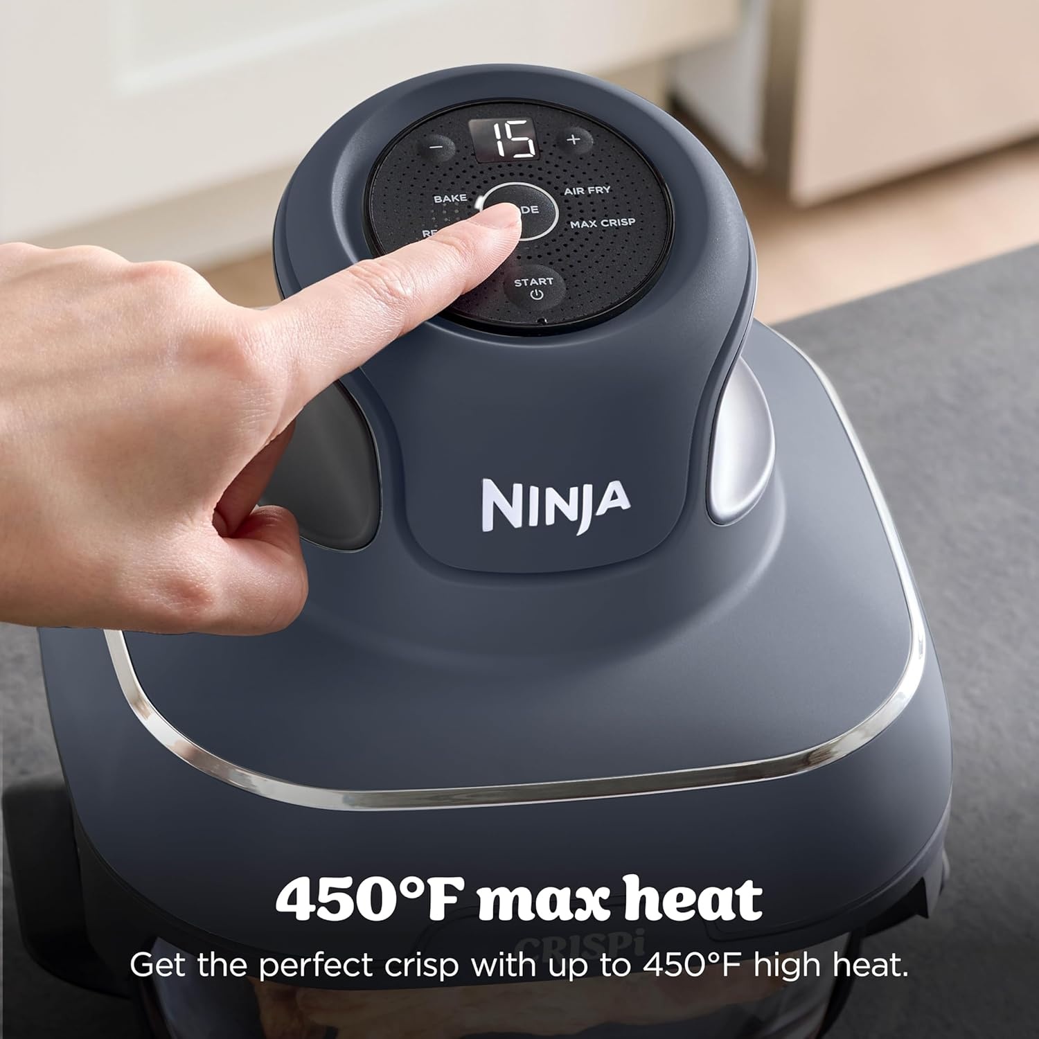image:imageNinja Crispi Glass Air Fryer 4in1 Green FN101SG Max crisp bake air fry recrisp 450F max 4 Qt and 6 Cup containers PFASfree glassCyberspace Gray
