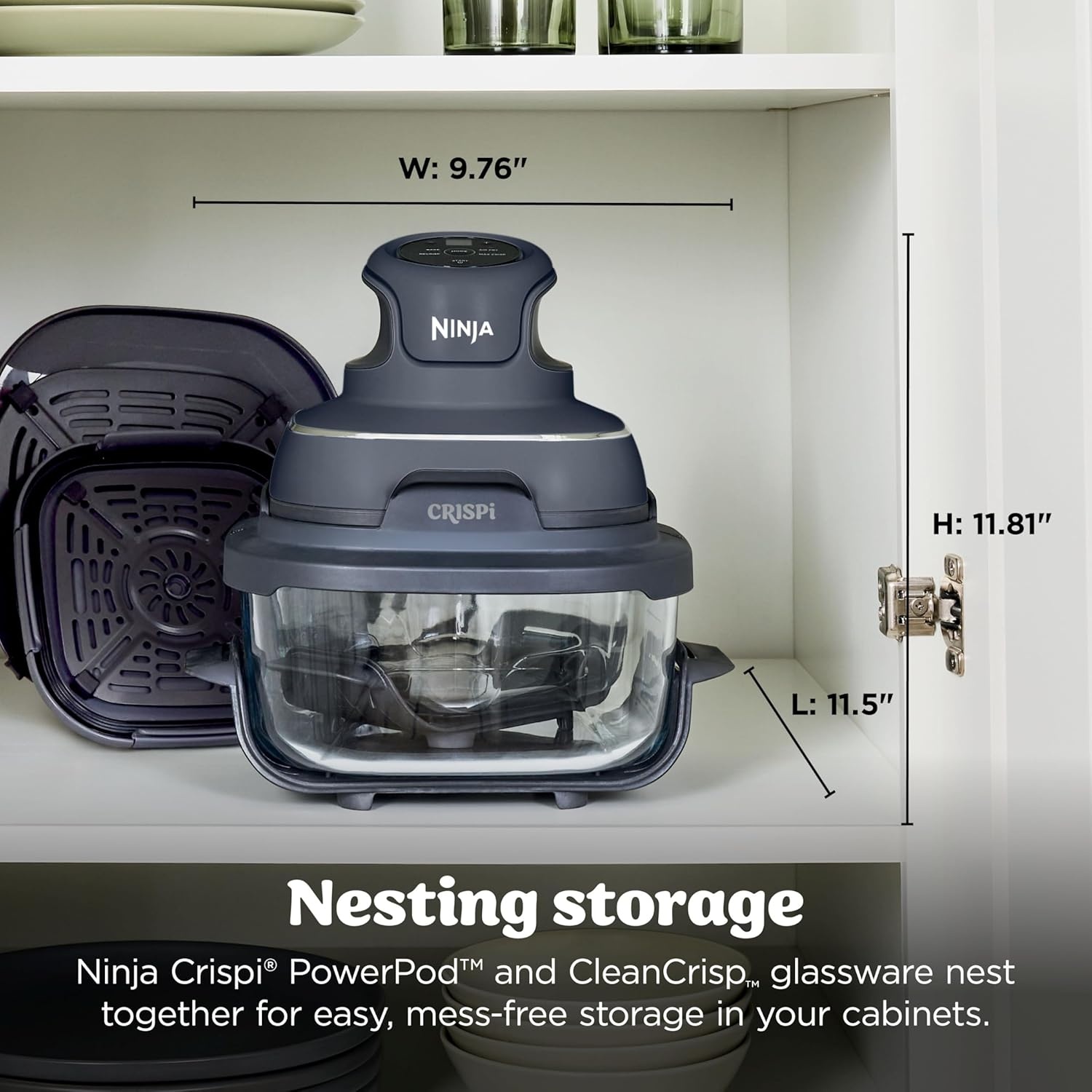 image:imageNinja Crispi Glass Air Fryer 4in1 Green FN101SG Max crisp bake air fry recrisp 450F max 4 Qt and 6 Cup containers PFASfree glassCyberspace Gray