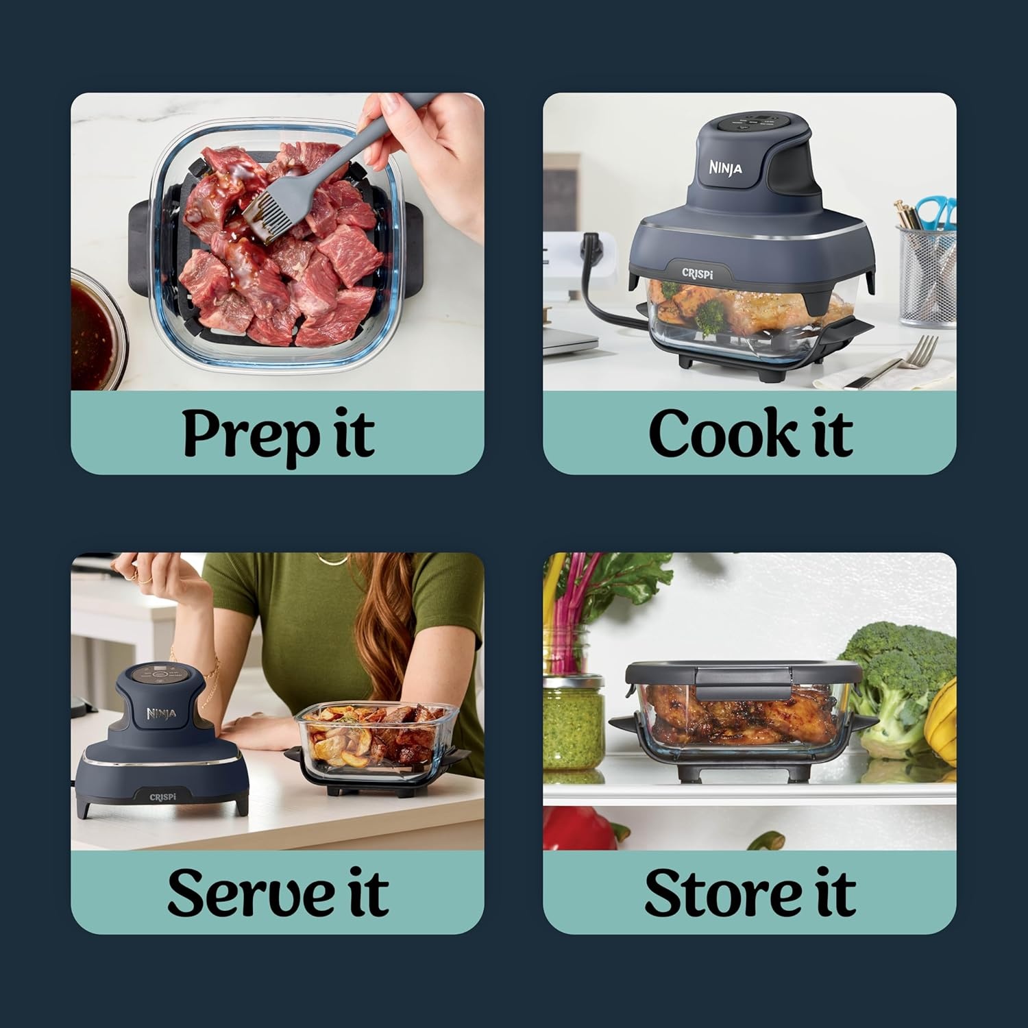 image:imageNinja Crispi Glass Air Fryer 4in1 Green FN101SG Max crisp bake air fry recrisp 450F max 4 Qt and 6 Cup containers PFASfree glassCyberspace Gray