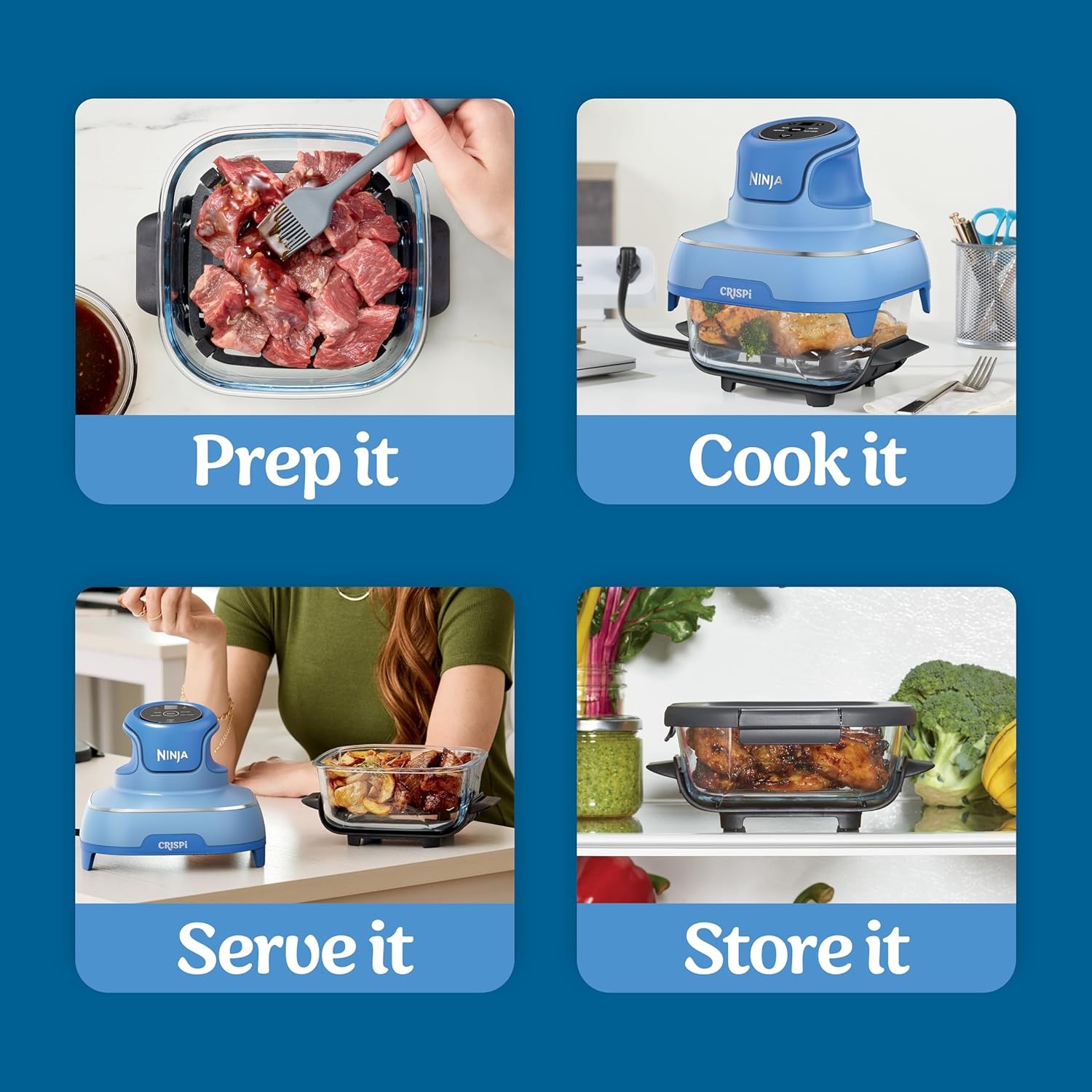 image:imageNinja Crispi Glass Air Fryer 4in1 Green FN101SG Max crisp bake air fry recrisp 450F max 4 Qt and 6 Cup containers PFASfree glassElectric Cobalt