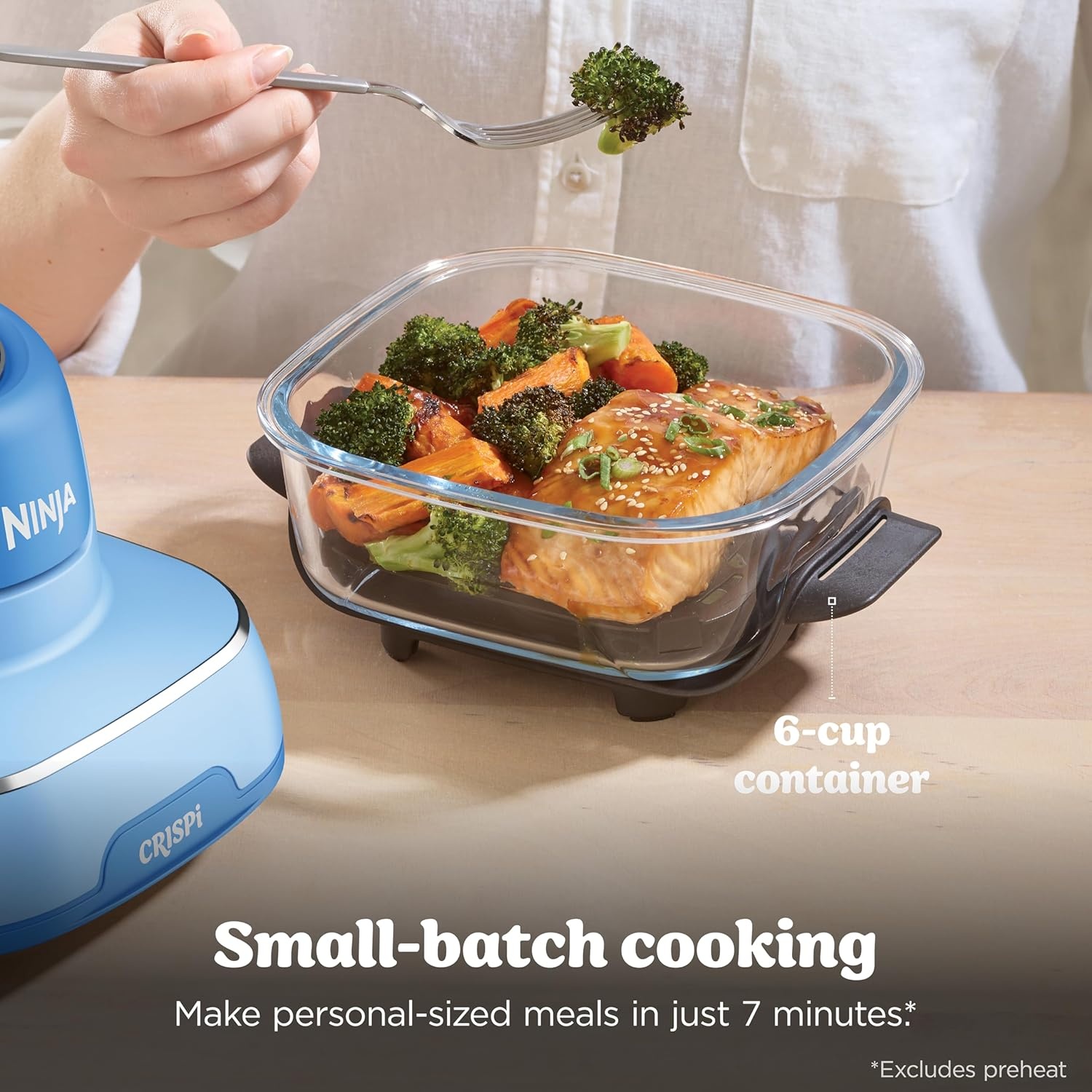 image:imageNinja Crispi Glass Air Fryer 4in1 Green FN101SG Max crisp bake air fry recrisp 450F max 4 Qt and 6 Cup containers PFASfree glassElectric Cobalt