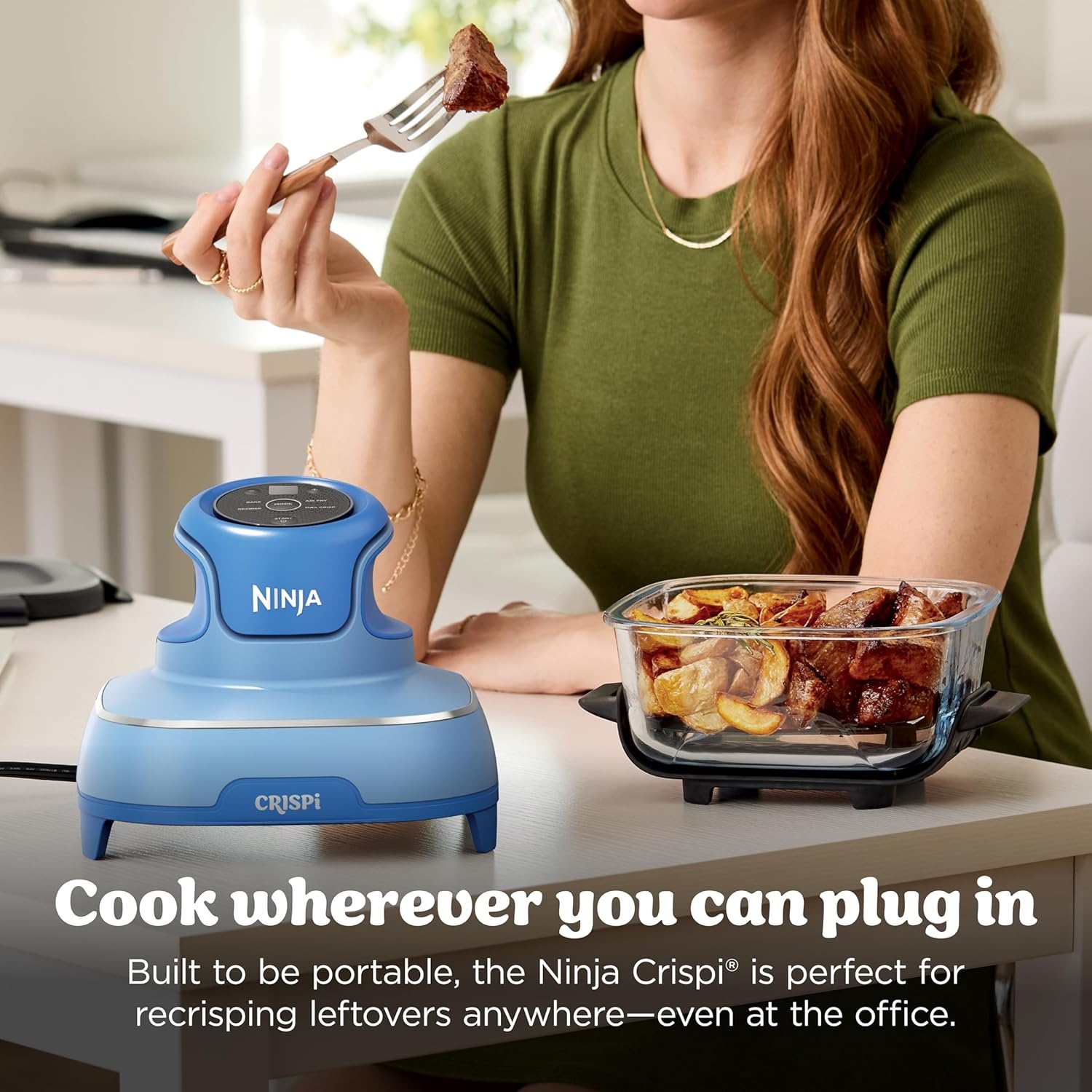 image:imageNinja Crispi Glass Air Fryer 4in1 Green FN101SG Max crisp bake air fry recrisp 450F max 4 Qt and 6 Cup containers PFASfree glassElectric Cobalt
