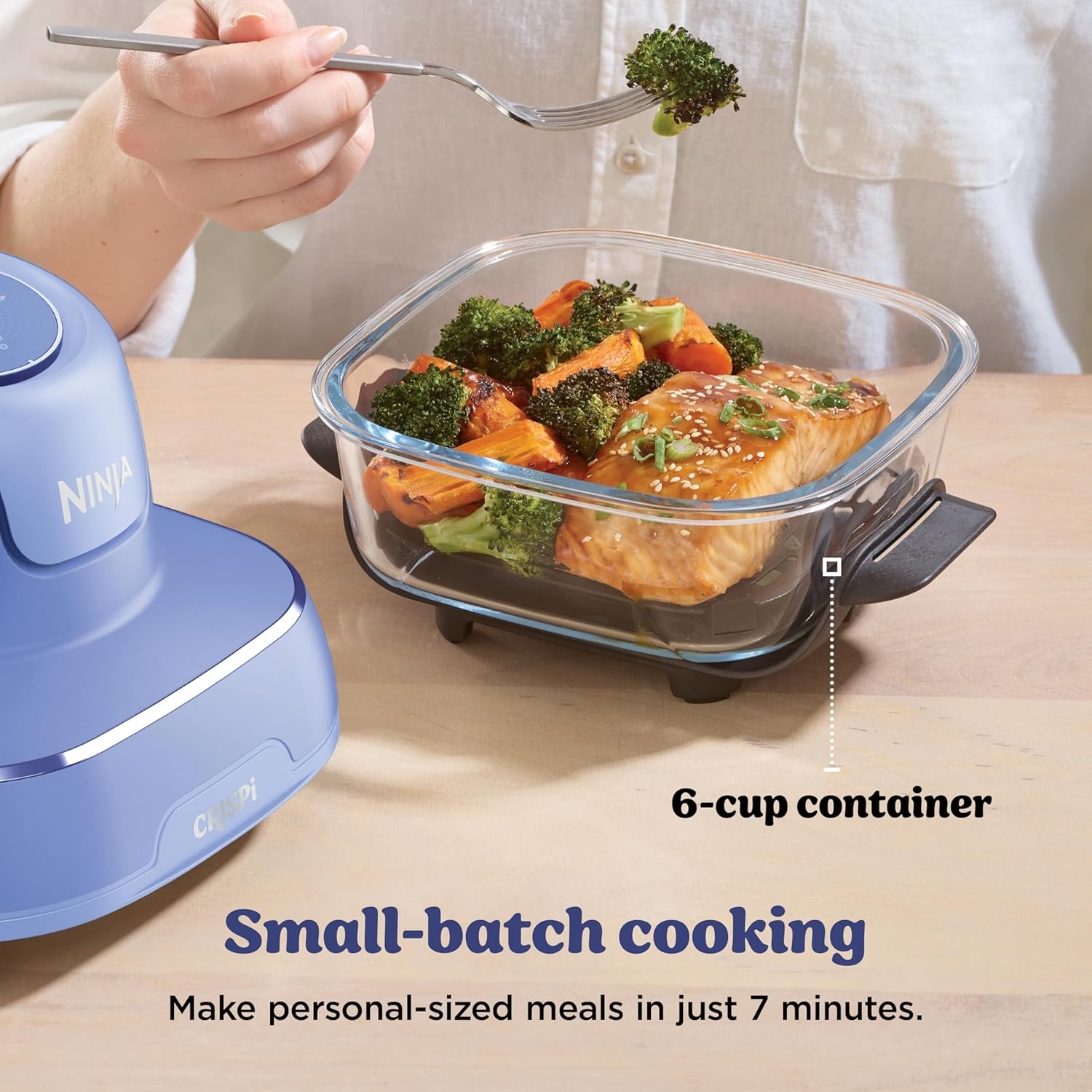 image:imageNinja Crispi Glass Air Fryer 4in1 Green FN101SG Max crisp bake air fry recrisp 450F max 4 Qt and 6 Cup containers PFASfree glassFrosted Lilac