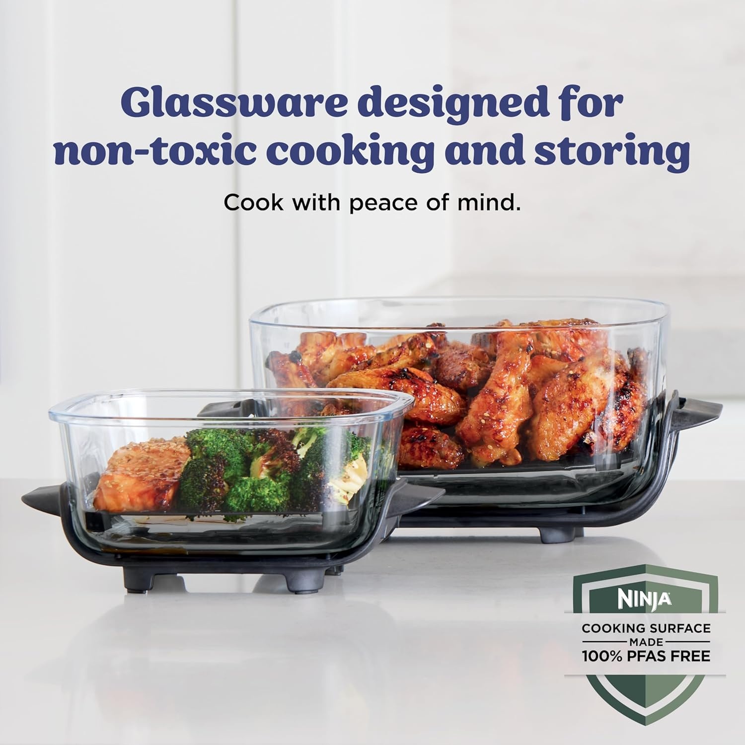 image:imageNinja Crispi Glass Air Fryer 4in1 Green FN101SG Max crisp bake air fry recrisp 450F max 4 Qt and 6 Cup containers PFASfree glassFrosted Lilac