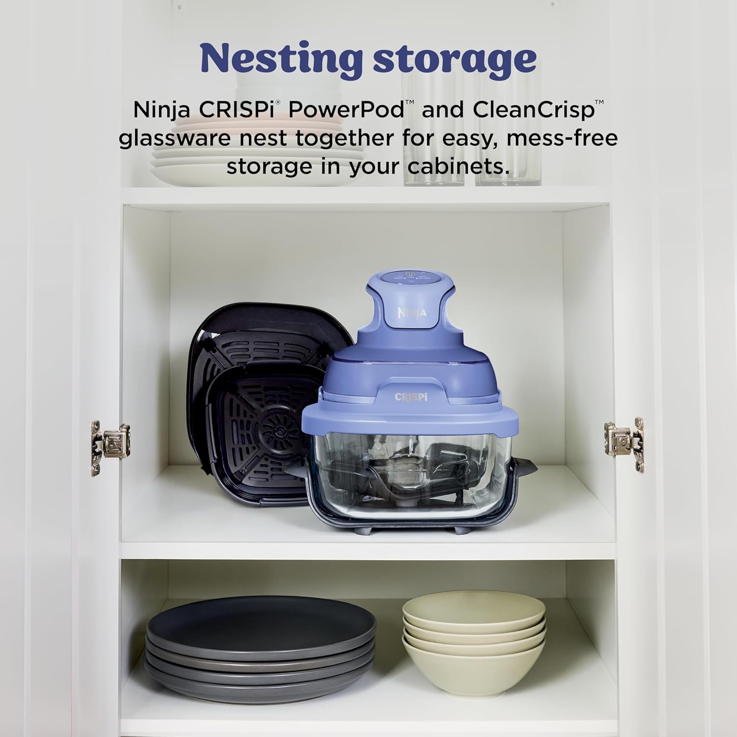 image:imageNinja Crispi Glass Air Fryer 4in1 Green FN101SG Max crisp bake air fry recrisp 450F max 4 Qt and 6 Cup containers PFASfree glassFrosted Lilac