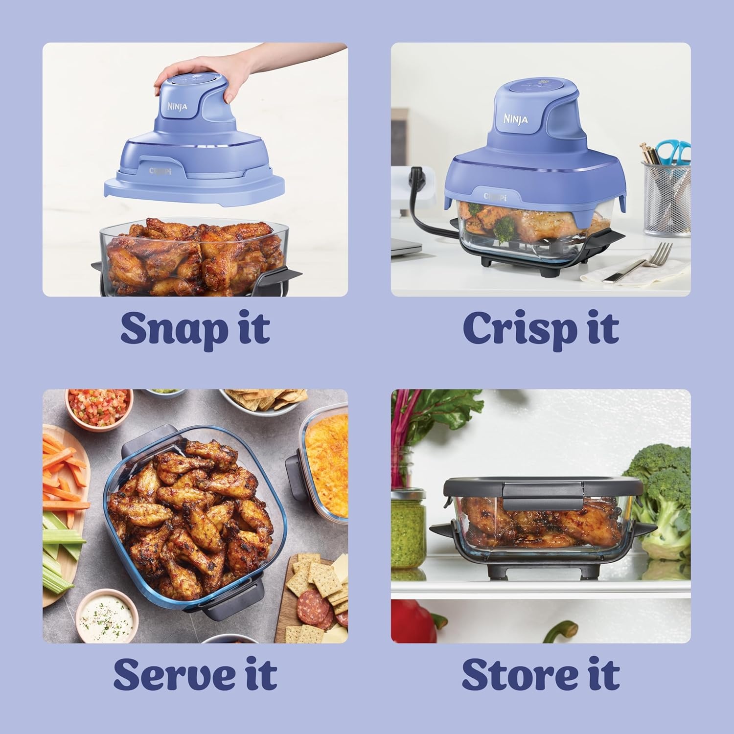 image:imageNinja Crispi Glass Air Fryer 4in1 Green FN101SG Max crisp bake air fry recrisp 450F max 4 Qt and 6 Cup containers PFASfree glassFrosted Lilac
