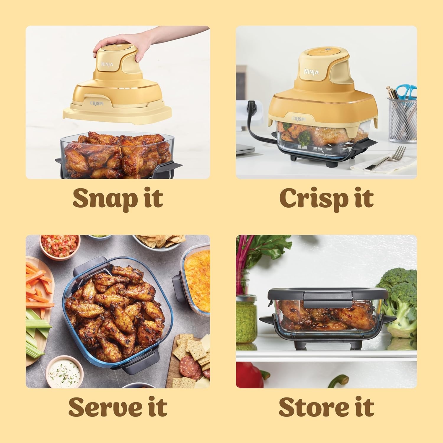 image:imageNinja Crispi Glass Air Fryer 4in1 Green FN101SG Max crisp bake air fry recrisp 450F max 4 Qt and 6 Cup containers PFASfree glassGinger Snap